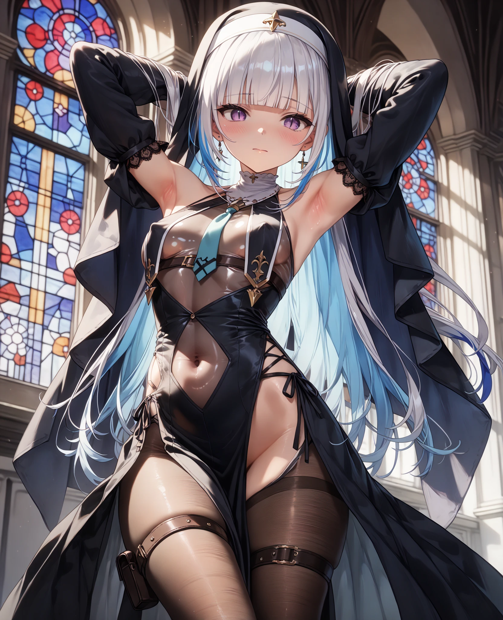 NSFW,Hololive,Shihaku Botan,lion ears,lion's tail,Black Wedding Dresses,mini skirt,garter belt,wedding gloves,A church illuminated by moonlight