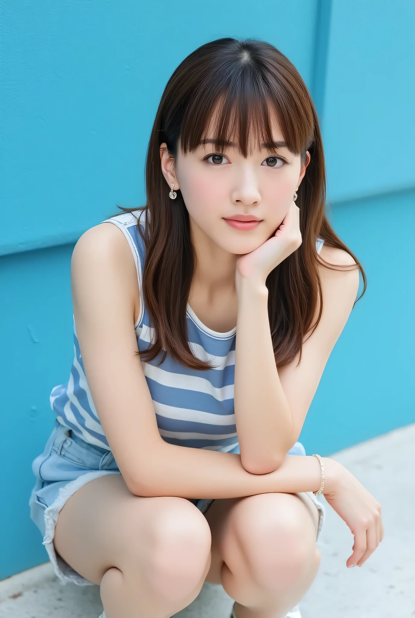 This image、 Show a young woman named Haruka sitting with her knees bent and one hand on her chin I'm doing. She has long straight hair and bangs . She wears a sleeveless top with China blue and white horizontal stripes , and distressed denim shorts , Show me her pure white thighs . She has white platform sandals with ankle straps . The background looks like an outdoor setting with a blue surface .((looking at the viewer in front)), ((facing forward)),