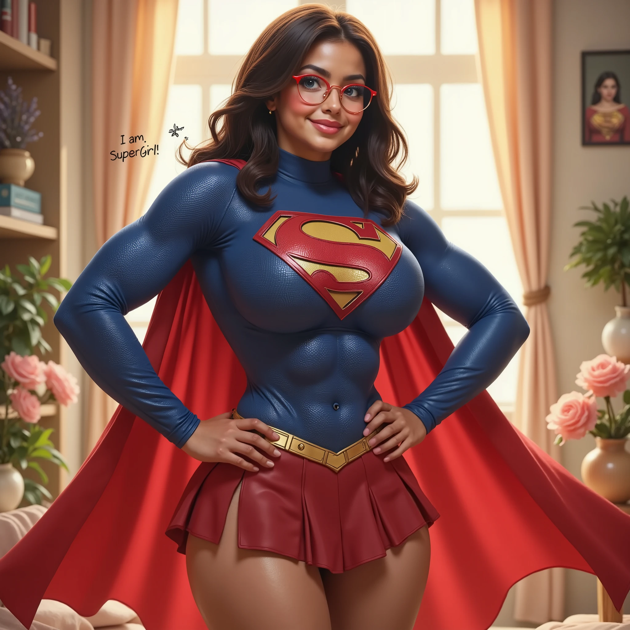 Depict a 17-year-old VIRGIN Latina girl with dark chocolate skin, radiating joy and confidence as she embodies SUPERGIRL. She stands gracefully, hands on her hips, in a classic SUPERGirl pose. She wears a pristine BLUE long-sleeved 1980 SUPERGIRL turtleneck leotard, modified with a large central "S" EBMLEM. The leotard should hug her figure, emphasizing her youthful curves. Complete the look with RED flared boots, a flowing red cape attached at the shoulders, and a red waist belt featuring a gold circular buckle. Bright red glasses frame her face, but they don't overshadow the captivating sparkle of her bright, sexy blue eyes. Her eyes should reflect the vibrant colors of her costume, adding to her overall radiance. Strive for a balance of sexy and cute in her portrayal, capturing both her youthful energy and the inherent power of the character. Pay close attention to intricate details and textures, particularly in the fabric of her costume and the subtle nuances of her facial features. The final image should be in 4k high resolution, ensuring clarity and detail. Include a text bubble near her with the phrase "I AM SUPERGIRL." The overall impression should be one of a strong, confident, and vibrant young Latina woman embracing the iconic Power Girl persona. PEACEFULL MORNING BACKGROUND.