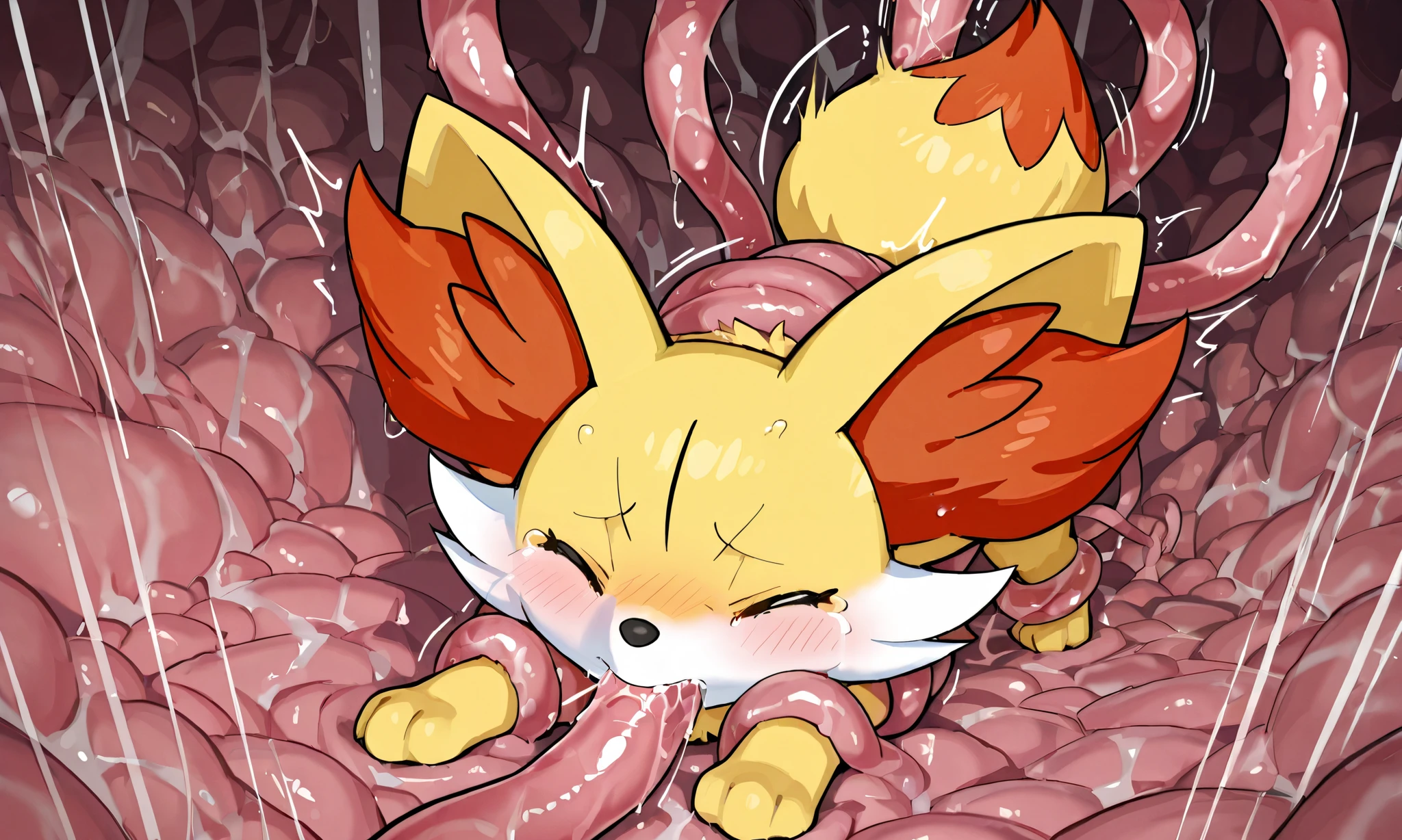 4k ultra quality, 4k full body view,masterpiece quality, thick large tentacles, small feral fennekin, restrained, tentacle pit, tentacle sex, pain, close eyes, motion blur, motion line ,massive tentacles background