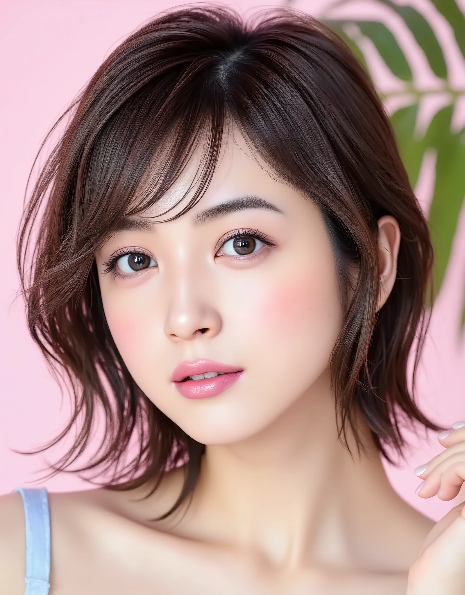 NSFW, (Highest quality), (Ultra-precise CG 16K wallpaper), (Realistic), (High saturation), (Sharp), Beautiful detailed shading, Beautiful natural lighting, Beautiful detailed glow, (Afternoon sunlight), Natural light, Depth of field, (Mature 24 year old woman, One person), (Very beautiful Japanese face), (Sasaki Nozomi), (Side swept soft wavy short hair with bangs), (Shiny black hair), (Sparkling eyes), (C cup size breasts, cleavage), (Beautiful breasts), (Beautiful legs), (Beautiful skin), Beautiful proportions, (Smile: 1.0), (looking at me), (Wearing light blue lace bikini lingerie bra), (Fashion model standing pose), (Room with pink walls, potted plant), (Full screen image), (Upper body angle of woman), (Image of woman seen from diagonally in front), (Woman standing in a room with pink walls),