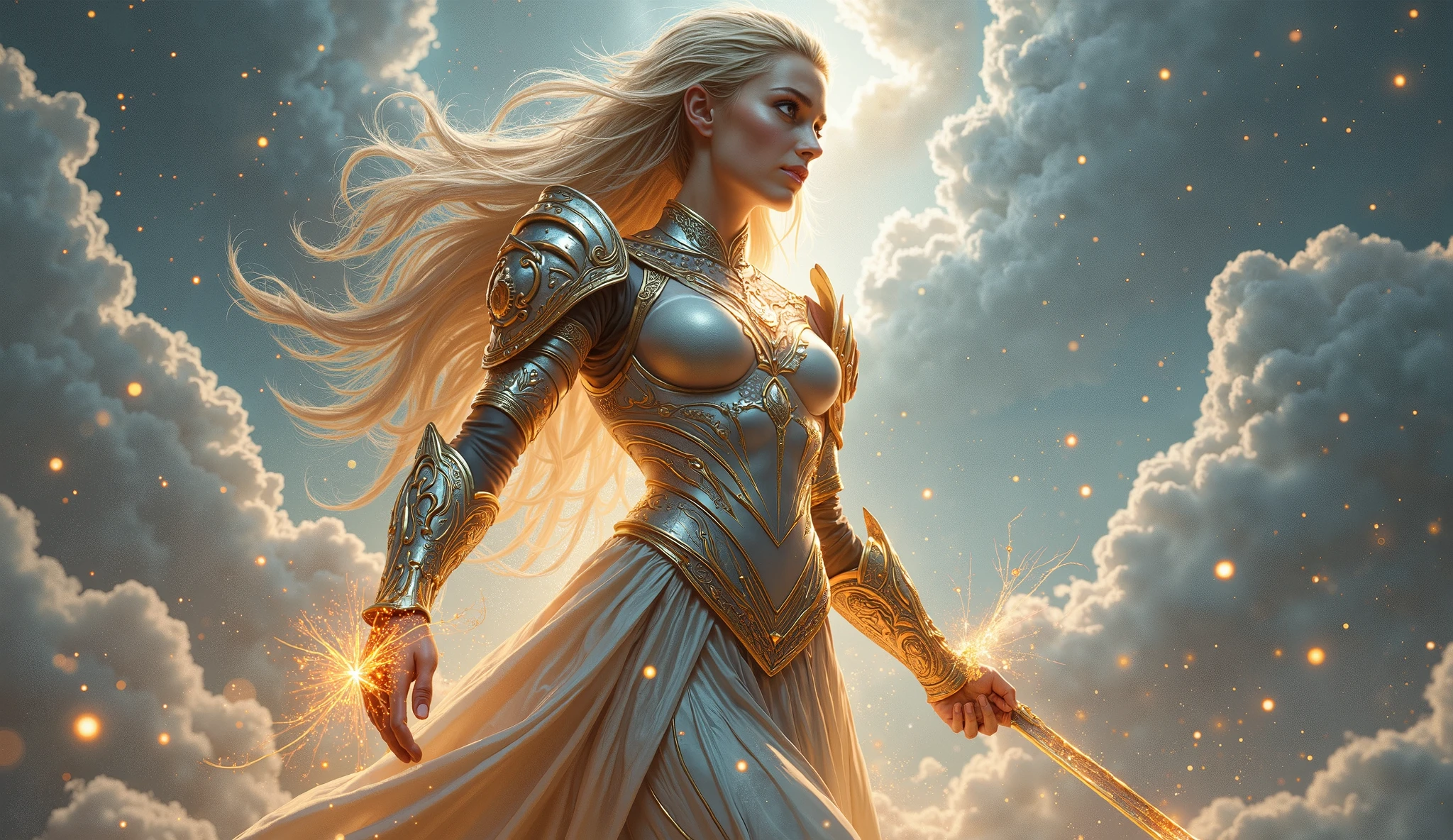 Blond woman in armor holding a sword in front of a cloudy sky - SeaArt AI