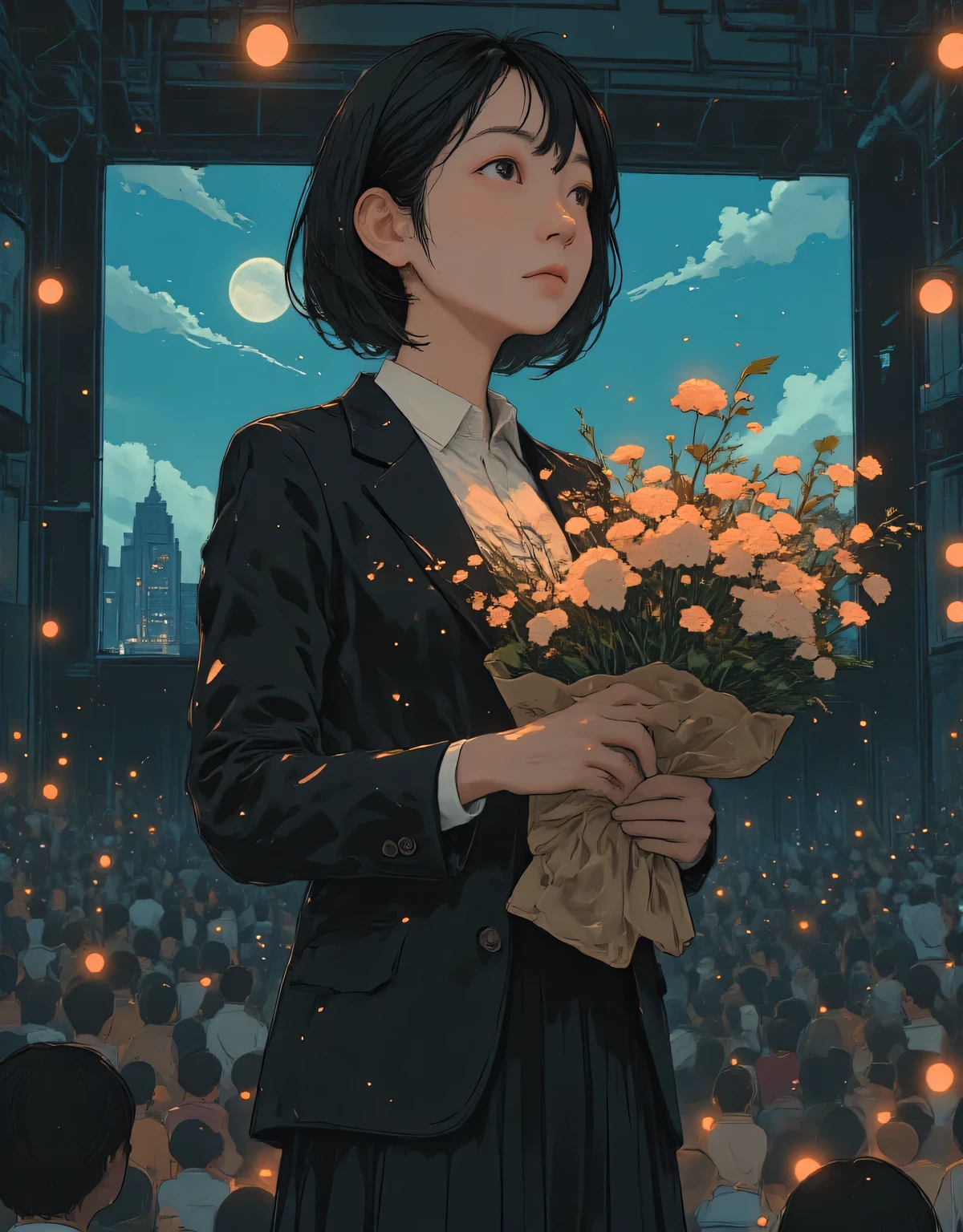 Super-Realistic Film Photography Masterpiece , Dramatic Scenes , shadow, Global Illumination, alone, retro female student photo :1.331, realistic, Beautiful Japanese woman's face, On the stage in the high school auditorium:1.5, and she is holding a beautifully wrapped bouquet of flowers:1.5, side view :1.331, very realistic photo, super real, photorealistic, Perfect Anatomy:1.21, small head:1.21, nervous expression, Close your lips , Portrait of a Japanese Woman:1.21, A plain blazer uniform from a famous high school in the city, Black blazer:1.331, white shirt:1.21, Black thin loop ribbon :1.331, black pleated skirt, black hair:1.21, bob cut hair:1.21, Beautiful Japanese Woman's Face with No Makeup:1.21, Detailed Iris, Sharp eyebrows:1.37, detailed face, Glowing Skin:1.21, There are many attendees in the background, Silky Screen, The dynamic, cinematic lighting shines,