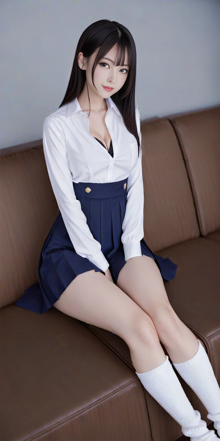 high school girl、uniform 、Navy jacket、Checkered pleated skirt、White shirt、Lace panties、Bedroom、((lying on one's back on the bed、Spread your legs wide:1.2))、Normal position、Sexy pose、Perfect proportions、cute、((20-year-old female, 1 person:1.ung and adorable Japanese face,Big Breasts, valley, Official Art,Highly detailed CG Unity 8k wallpaper,(masterpiece:1.0),(Highest quality:1.0), High resolution,4K,Very detailed, photo shoot, 8k, nsfw, High resolution, Kodak Portrait 400, Film Grain, Lens flare brilliance, Professional Lighting,Cinematic Light, View your viewers