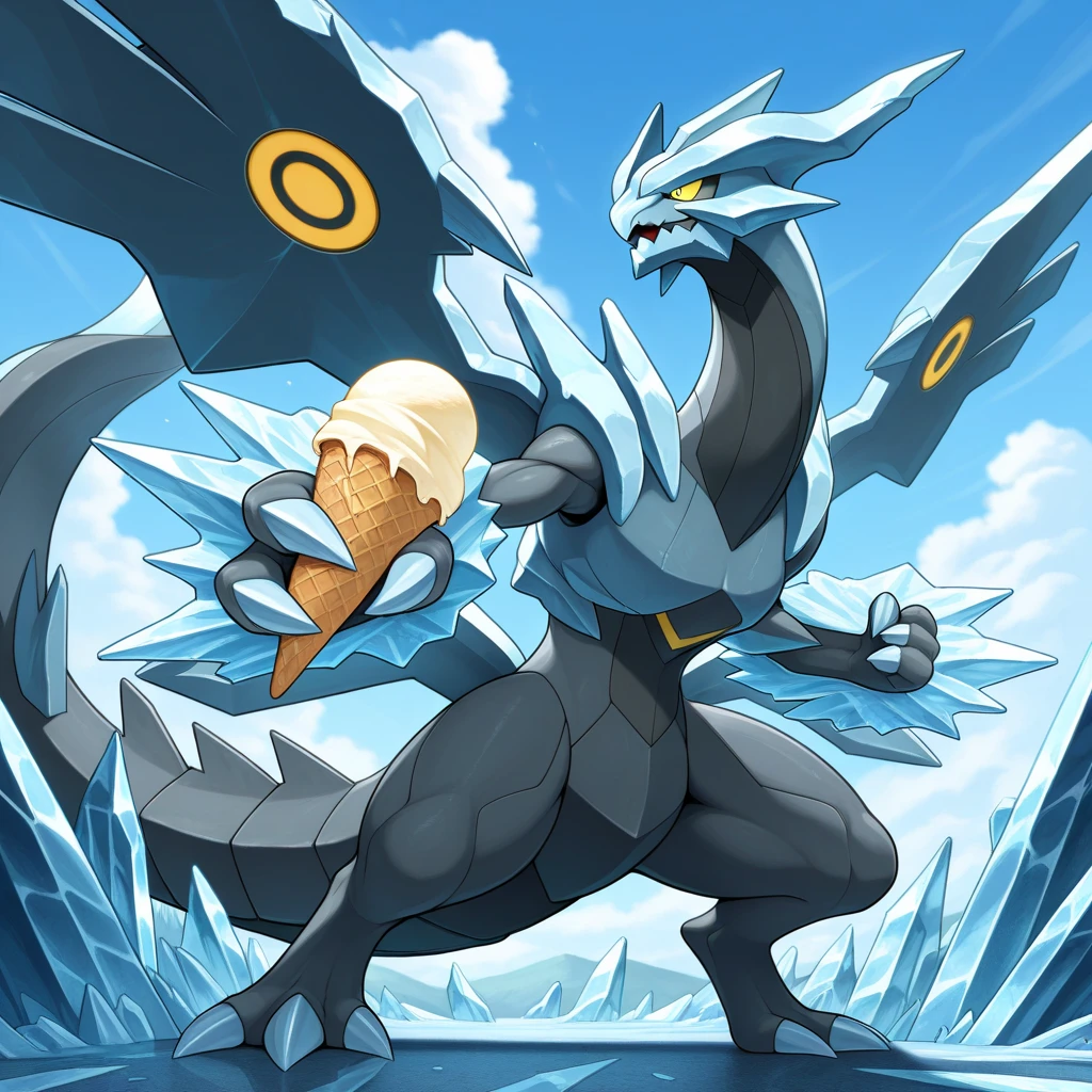 masterpiece, best quality, Kyurem , without humans, alone, basic, whether, imposing , sky, blue sky, claws, addictive , dynamic pose,(Ice cream fist)