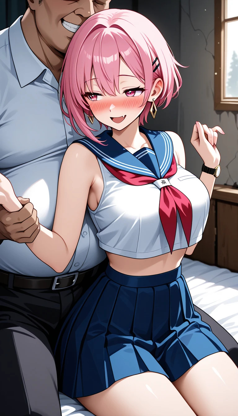 (nsfw:1.3),(1 girl),(Best Picture Quality, 8K, Masterpiece:1.3), (high school student:1.5), ((pink lob hair:1.1)), (bob cut),(swept bangs), (cute eyes, pupil black, iris skyblue, youthful face), (mole under right eye), (standard weight), (small breasts), (glistening skin:1.3),(pale skin:1.2),(sweaty skin:1.2),(nose blush:1.2),BREAK  ((serafuku, white sailor short sleeve simple shirt, darkblue skirt, darkblue sailor collar, pink ribbon)),BREAK ((shirt lift:1.2)), (pink bra), ((bra lift)), (nipples), (breasts out),(kneeling), BREAK (1 boy),(side view),((fellatio)),((small penis:1.2)), BREAK (hotel),(bedroom),