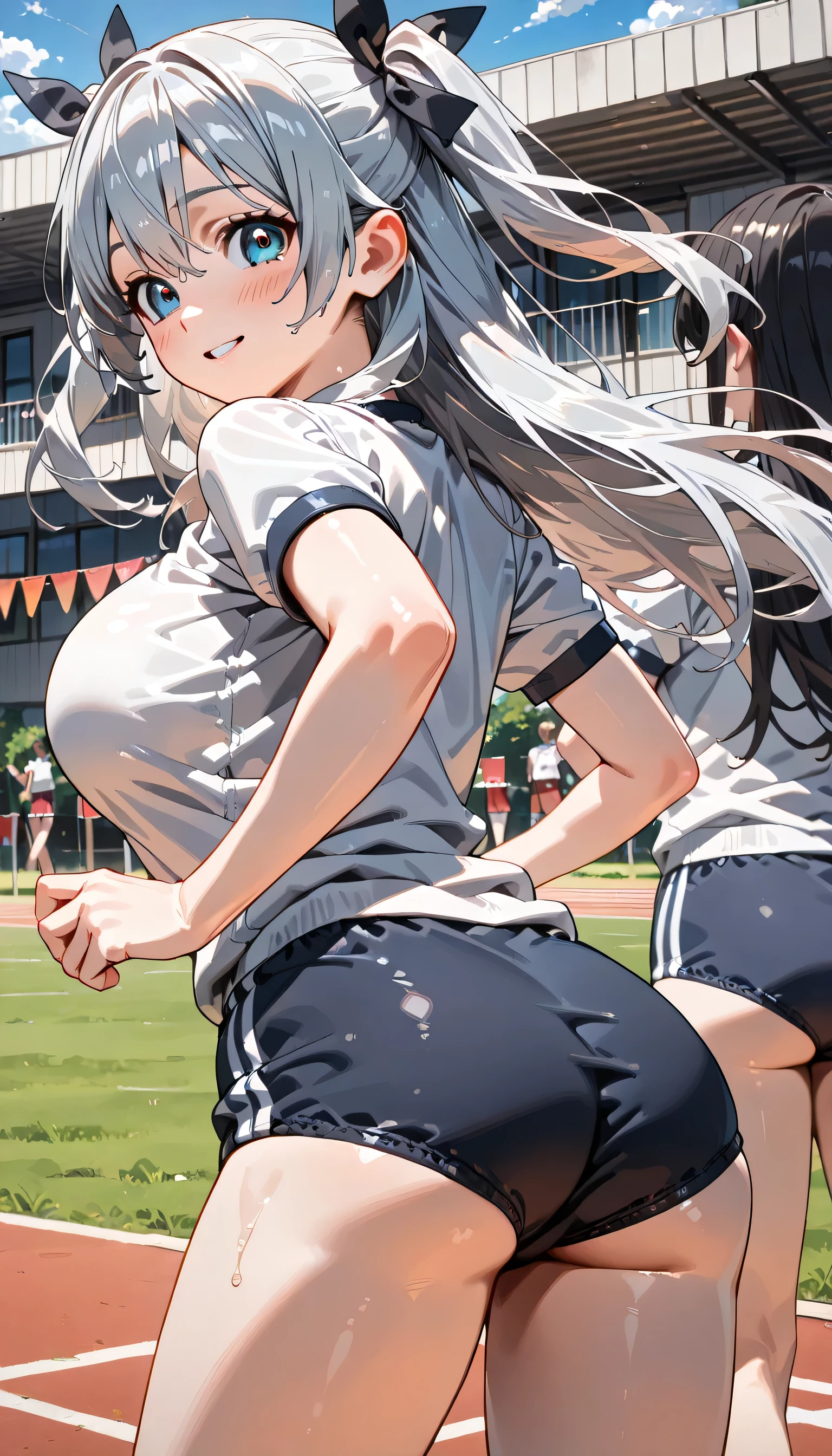 ((ultra-detailed)), (highly detailed CG illustration), (best quality:1.2), ultra-highly detailed, colorful composition, artistic photoshoot, 1girl, solo focus, ((thigh to top:1.4)), ((cowboy shot:1.4)), moe anime character, girl, dainty facial structure, (bab(round face), ((rounded chin:1.2)), ((ideal ratio body proportions)), celia-default, celia claire, (blue eyes), sparkle eyes, silver hair color, two side up, (hair ribbon with red), ample breasts, (navy blue school gym buruma), ((smile:1.4)), ((blush:1.4)), ((standing on the school Athletic Festival:1.4)), ((from behind:1.4)), dynamic pose, contrapposto pose, best quality, expecting, pink cheek, blush, light pink gloss slip, portrait, depth of field, soft lighting, sidelighting, (shine), lighting, caustics, ray tracing, perfect face, lustrous skin, highly detailed face, highly detailed eyes, perfect face, perfect nose, perfect hair, perfect eyes, perfect anatomy, beautiful hair, beautiful small face, extremely detailed face, beautiful detailed eyes, beautiful clavicle, beautiful body, beautiful huge breasts, leavage, breasts squeezed together, equalize the size of the left and right breasts, beautiful thin thighs, beautiful legs, beautiful fingers, ((4 fingers)), 1 thumb, lovely, (very detailed background:1.0), (highly detailed background:1.0), summer aesthetic, intricate details, shy atmosphere, summer colors palette, chromatic aberration