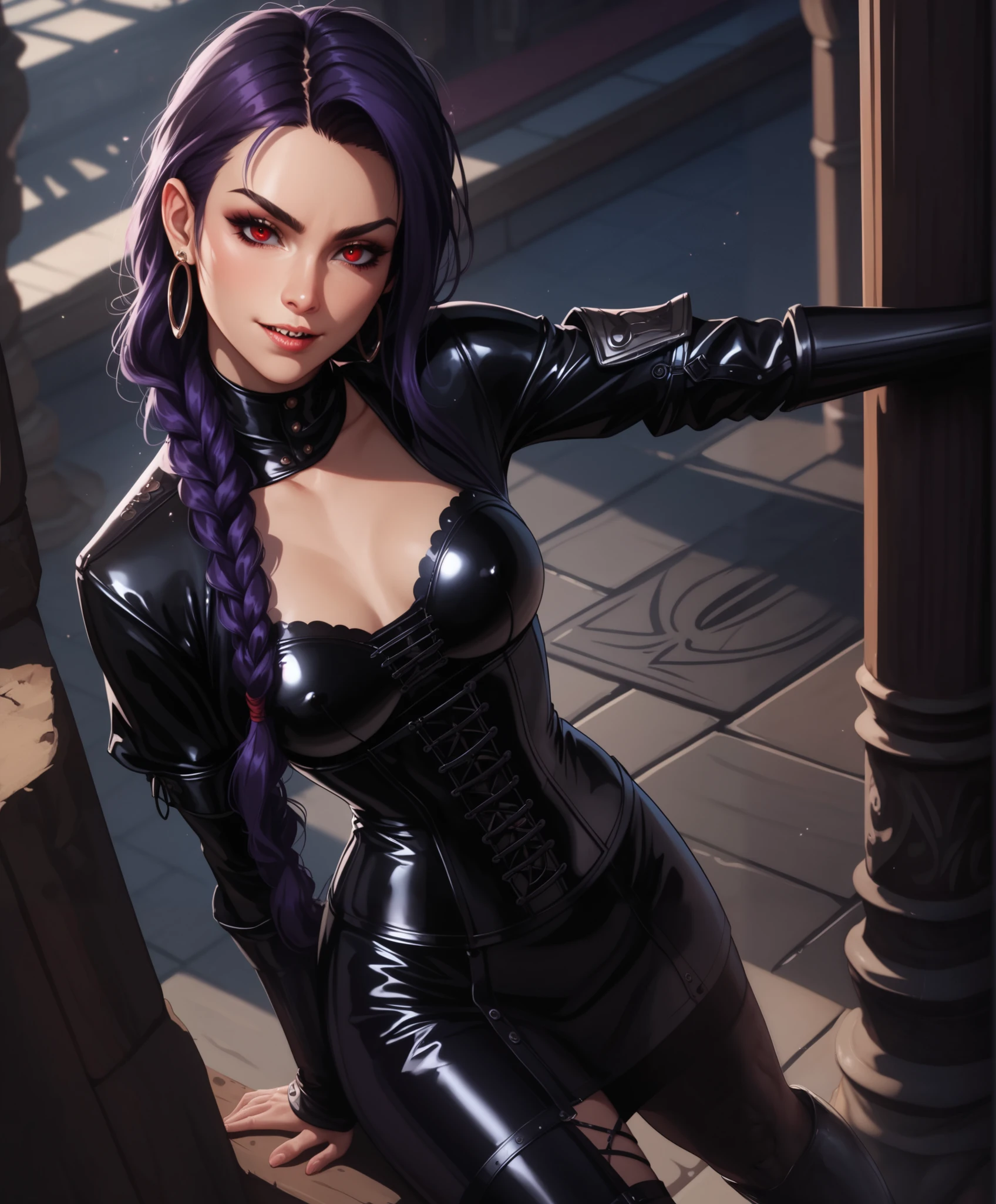 masterpiece, HD , great quality, very aesthetic, absurd, high contrast , high color palette , light glare ,Latest ,2.5D,volumetric lighting, Sweet, jung, 1 girl, aztekisch, small breasts, red eyes,athletic body, abs, aztekisch, looks at the viewer, jungle in the background, medieval leather clothing, Dreadlocks, shy, Anime shark teeth,