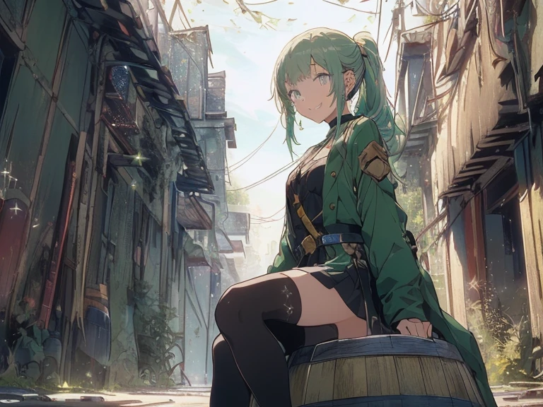 (from below:1.4, best quality ),1girl, solo, perfect, best quality, masterpiece, beautiful, pretty, (((masterpiece, HD, best quality, extremely detailed, high resolution, highres, Ultra-detailed, ultra-high quality, superb masterpiece, an anime style image with a lady in green sitting behind a barrel holding a sword, 1girl, weapon, roronoa zoro (cosplay), sword, , green hair, long hair, ponytail, solo, katana, smile, thighhighs, choker, three katanas, (Masterpiece :1.2),(best_quality :1.2),(HD_eyes :1.2),(ultra_quality :1.2),(Detailed :1.2),(scenery :1.2),(cinematic_lighting :1.2),(depth :1.2),(detailed hands :1.2),(colorful masterpiece :1.2),(high-definition_eyes :1.2),(with sparkling eyes and a contagious smile),her thin pubic hair:1.2, looking at viewer