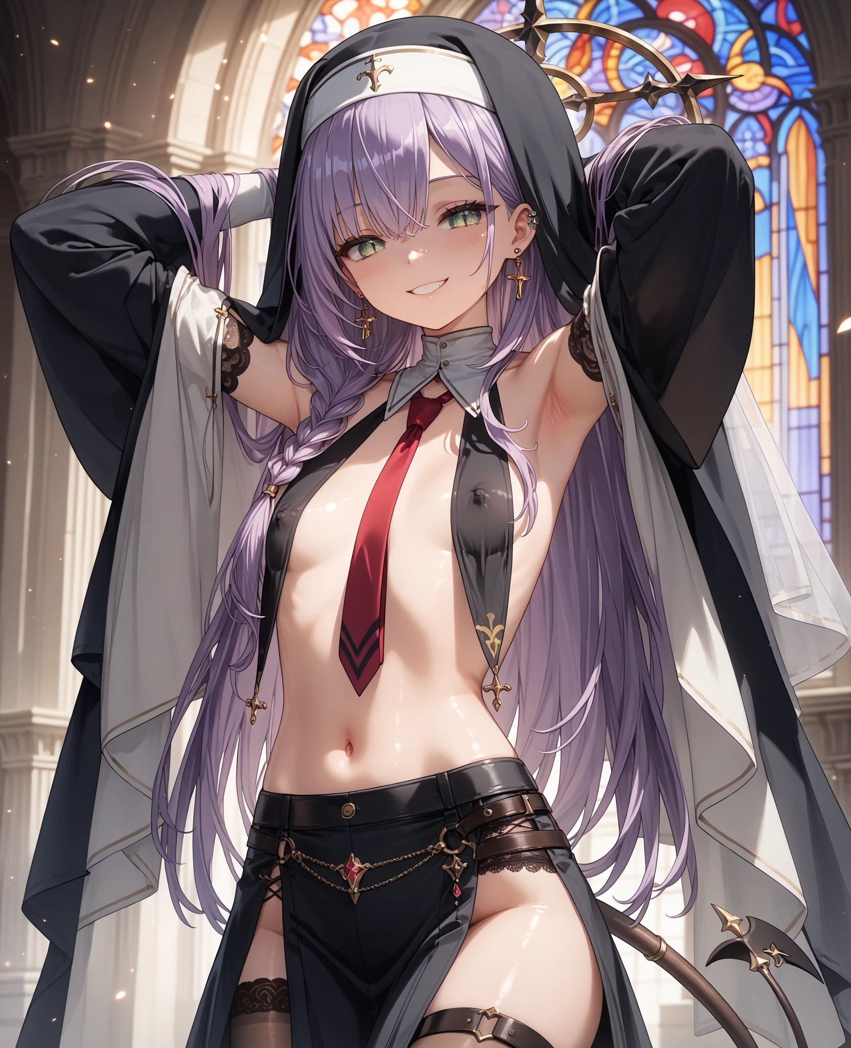 1girl, 18 year old female, Kama, Fate Grand/Order, anime style, ultra realistic, high detail, sexy pose, sexy, beautiful, exposed skin, slender, skinny, exposed breast, medium breast, nipples, nude, nudity, absurdres, high res, ultrasharp, 8K, UHD, retina, masterpiece, accurate, anatomically correct, perfect anatomy, textured skin, super detail, high details, high quality, award winning, best quality, high res, looking at viewer, detailed eyes, four fingers and one thumb per hand, perfect hands, perfect finger, two arms only, no clothes, revealing, lavender hair streak , red eyes