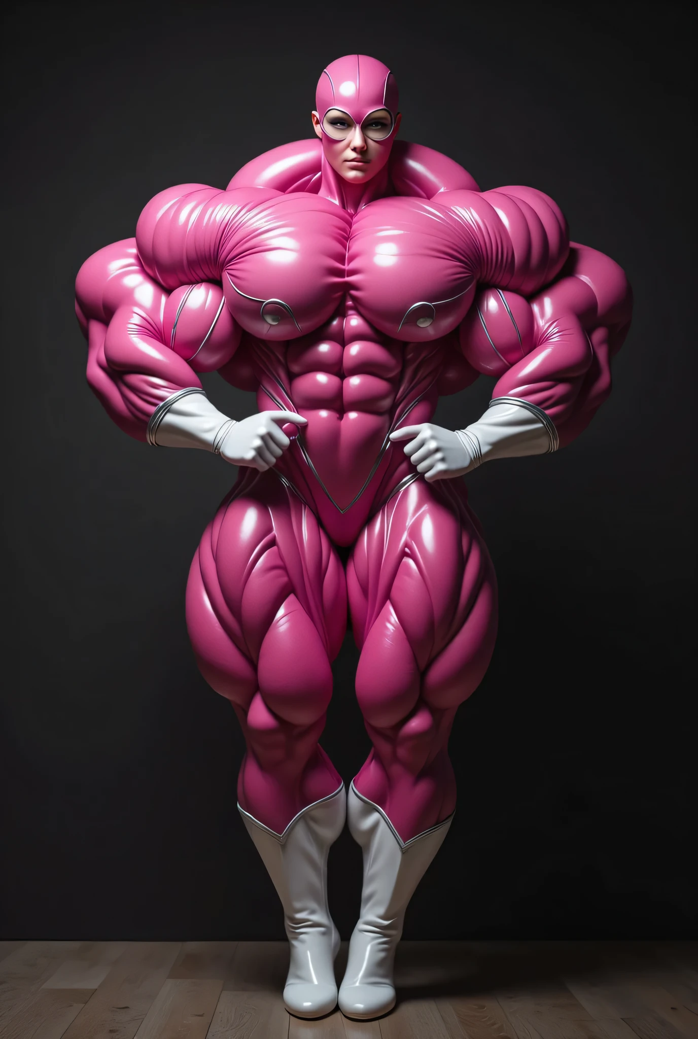 (1 girl), (cara delevingne), young girl, masculine physique, seductive face, seductive look, long pink hair, perfect muscular body, super skinny legs, latex bodysuit, sissy, femboy, (huge muscular arms:1.25),