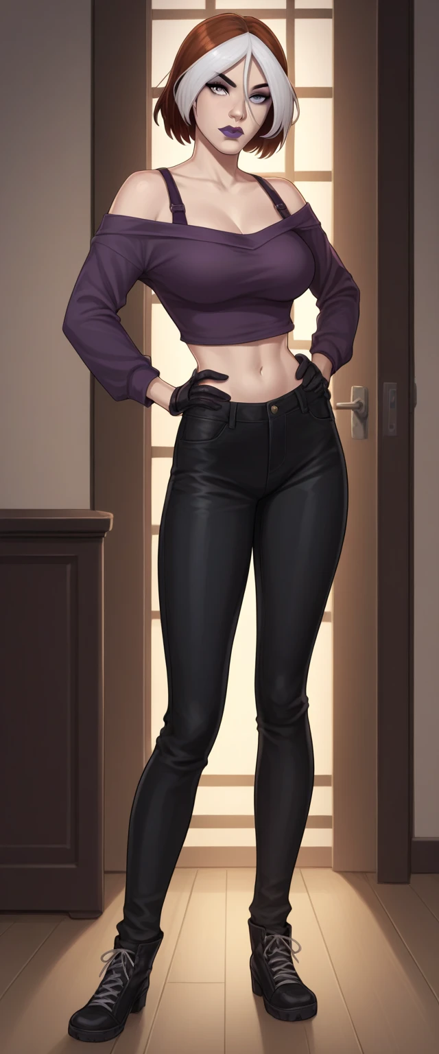 ((full body photo)) PonyXLV6_Scores BREAK ((parody), perfect anatomy, perfect eyes, cowboy shot) BREAK anne marie, short hair, multicolored hair, two-tone hair, brown hair, white hair, grey eyes, makeup, lipstick, purple lips, flirting, raised eyebrow, ((looking at viewer)), off shoulder, purple shirt, long sleeves, black gloves, midriff, black pants, large breasts, curvy, toned, athletic, standing, hands on hip, indoors