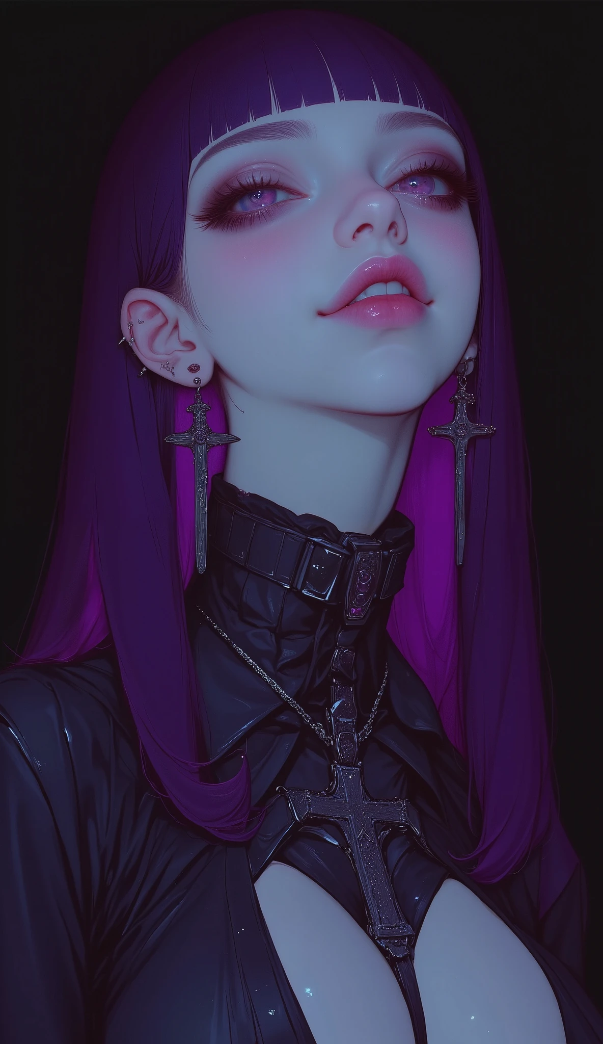 ((masterpiece,best quality)), absurdres, upper body, black background, 
1girl, solo, long hair, looking at viewer, smile, purple straight hair, jewelry, closed mouth, purple eyes, upper body, earrings, blunt bangs, necklace,  makeup, eyeshadow, gothic, black lips, fishnet top