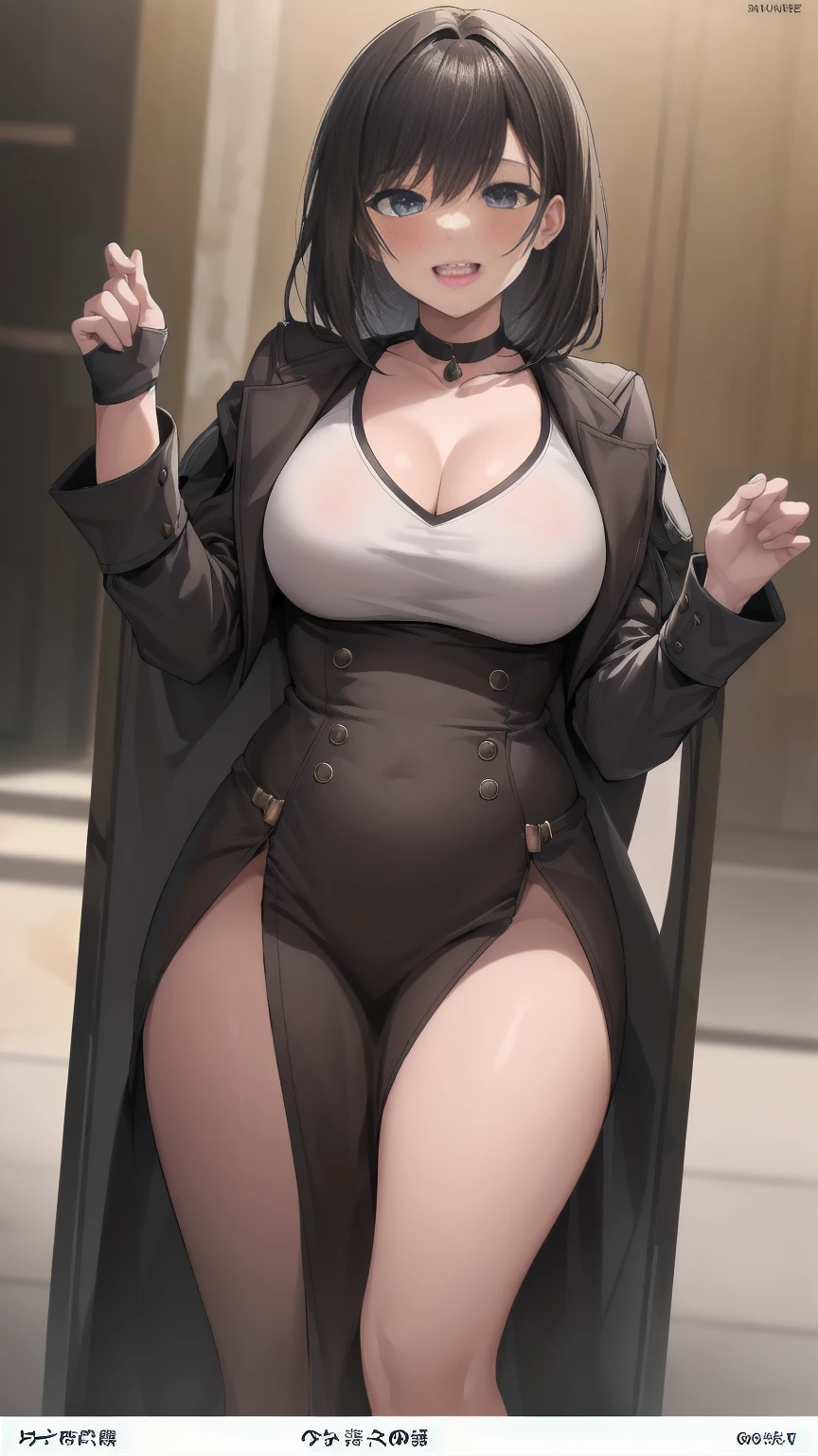 (Masterpiece) (High Detail) (High Res) (white Skin) (アニメ) (Full body picture) beautiful young, gigante breasts, goth style, Gothic style, gothic clothes, rational black sweatshirt, black shorts black clothes, bruncos, cross necklace, Grinning, looking from the front, black short hair, usando moletom preto, moletom apertado, seios apertados