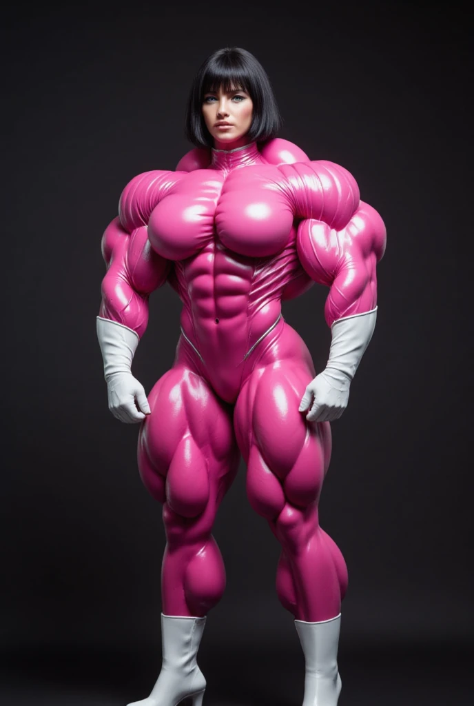 (Muscular:1.7), (large muscular chest and shoulders:1.1), FEMALE, brown hair, long brown hair, (big smile:1.6), (wearing a tight latex pink bodysuit:1.5), looking at viewer, (three quarter view:1.2), upper body view, (lab:1.5), (dark lighting:1.7), detailed skin, detailed eyes, (clean skin:1.5), (very thin waist:1.3), (huge body muscles:1.7), (one protagonist:1.5),