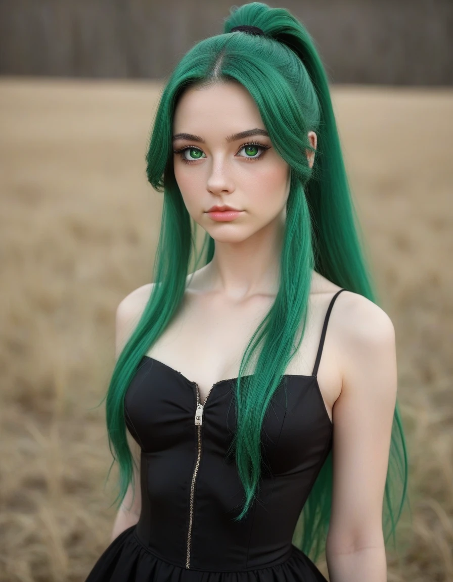 a girl. the face sends feeling. Europe. Oval face. long face. delicate facial features. disappointed eyes. seductively seductive. long straight hair. green hair. wreath on head. very sad expression. green silk halter dress. straight face. in the flower field