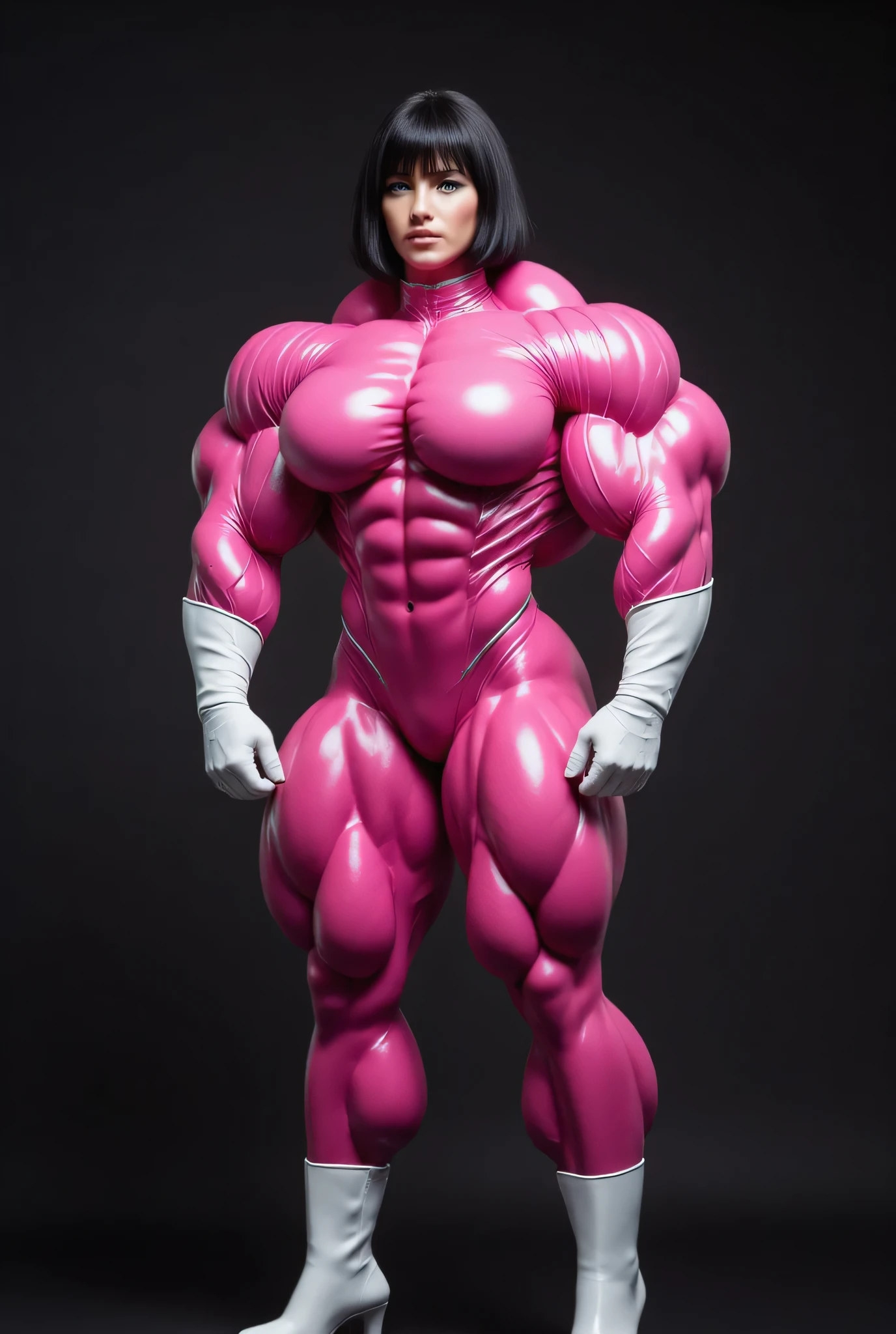 (Muscular:1.7), (large muscular chest and shoulders:1.1), FEMALE, brown hair, long brown hair, (big smile:1.6), (wearing a tight latex pink bodysuit:1.5), looking at viewer, (three quarter view:1.2), upper body view, (lab:1.5), (dark lighting:1.7), detailed skin, detailed eyes, (clean skin:1.5), (very thin waist:1.3), (huge body muscles:1.7), (one protagonist:1.5),