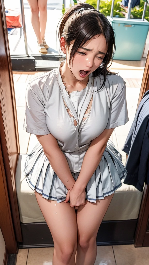 One , Shyly smiling, (Highly detailed eyes, Highly detailed hair, Highly detailed face), Highly detailed CG uniform 8k wallpaper, Extremely detailed, High definition raw color photos, Professional photography, Realistic portrait, Cinematic Light, Bangs, (Beautiful big breasts:1.7), Lift your shirt to expose your breasts(Expose the breast:1.8)、(High School Uniform), (Pleated mini skirt:1.2), Hair blowing in the wind, (The crack between her legs is completely visible:1.5), Wariza sitting, Spread your legs wide, Outdoors, Beach, (Beautiful sunset:1.2), (((Senile))), Depth of written boundary,Skirt flipped up (Photo from below),Heavy breathing、sexual expression、Open your mouth、Crowd of、 (Raped by multiple men:1.3), (Inserted crotch:1.2) 、Cum on face, Creampie、sex