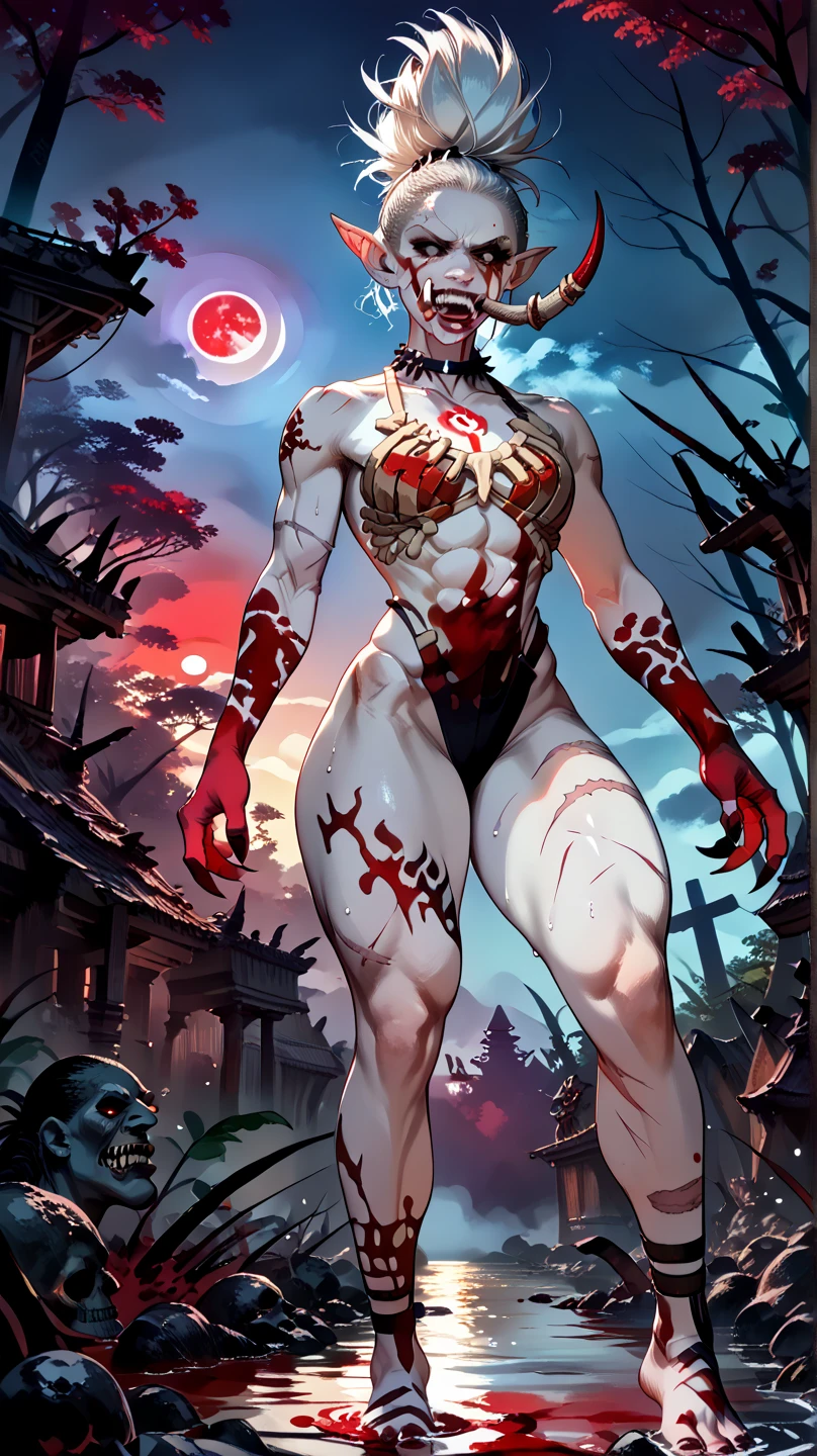 LGoY, 1girl, solo, long black hair, (Skin so tattered that bones are visible, light bluish purple skin:1.1), boobs, big hip, thick thighs, (big boobs:1.6), skeleton head, purple horns, white blindfold, exposed teeth, jewelry, torn clothes, (bandage clothes, she has bandages all over her body:1.8), pelvic curtain, spikes, facing viewer, On the sea in the dim night, (giant red torii gate:1.2), wrapped in thunder, sparking Lightning, Composition from an angle, sexy pose, dynamic composition:1.5)