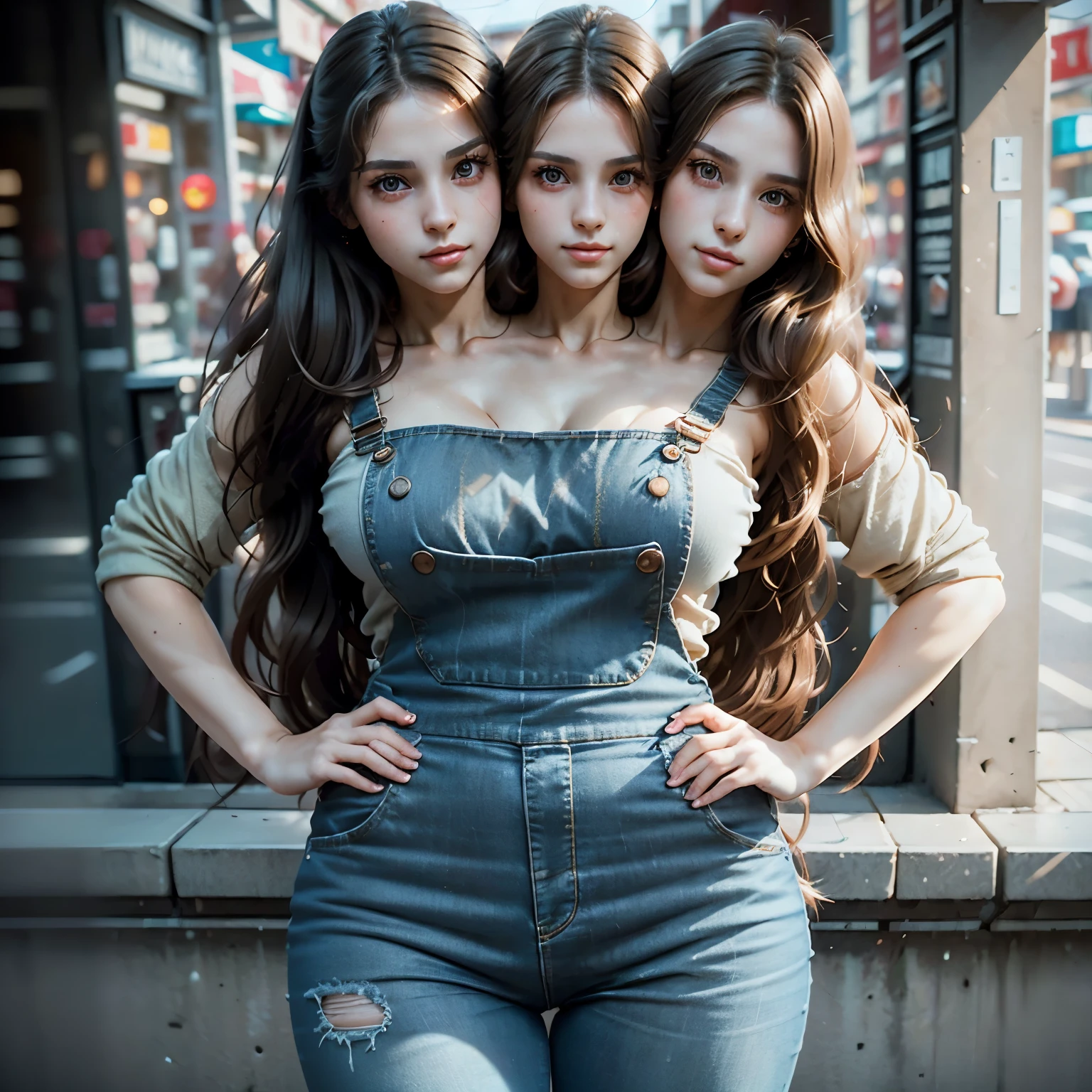 a photo of pho3b3cat3s, beautiful woman, ((24 years old)), street, tshirt, denim overalls, 1980s, retro, long wavy dark hair ponytail, (masterpiece), (extremely detailed CG unity 8k wallpaper), Intricate, ((photorealistic)), (two heads)