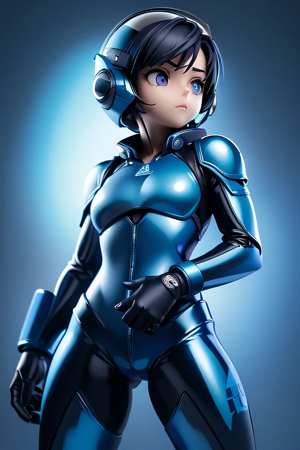 perfect anatomy TOP QUALITY, highest resolution,(((blue shiny pilot suit dark eyes short hair flat chest))) expressionless woman Fighter Pilot helmet