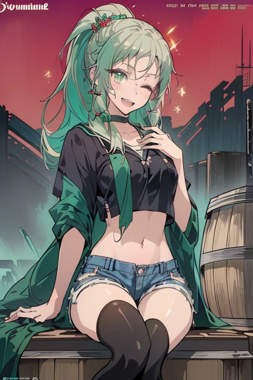((masterpiece,Highest quality:1.3)),cowboy shot,1woman、30-year-old beautiful detective、独奏,((very small head:1.5)),green hair,(low ponytail),long hair,blunt bangs,green eyes,gorgeous eyes,shy,smile,medium breasts,((very long body:1.3)),(toned body,slender body,skinny),gleaming skin,shiny skin,oily skin,(leather jacket、Tube top shirt、Micro Shorts、World of Blade Runner、