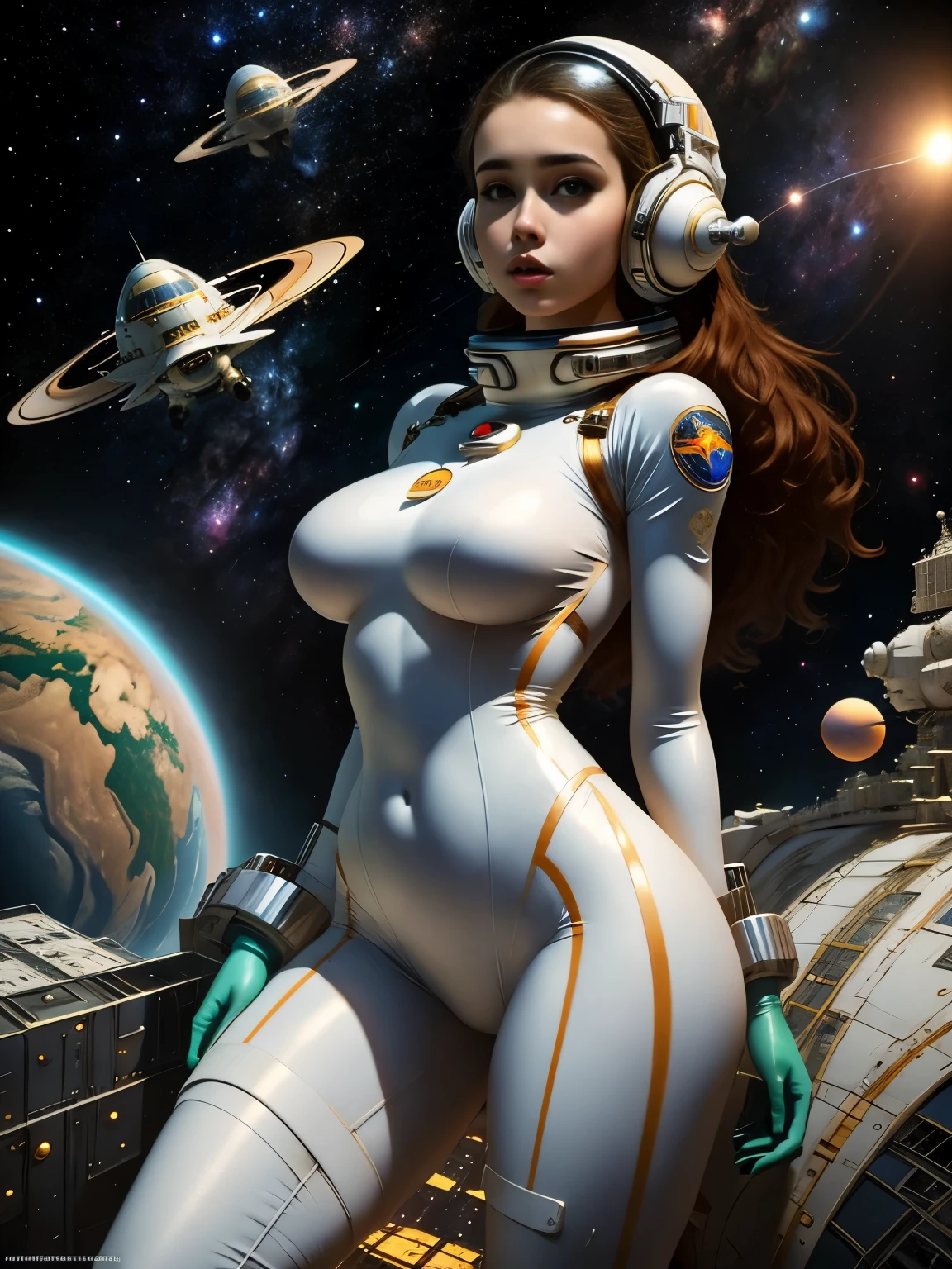 30 years old Italian woman, ((full body)), ((nude)), ((heavily armored space commander)), beautiful chest, sitting on the seat with her legs spread apart in the space ship in deep space far from the galaxy, no planet, no moon, fighting the huge alien space ship, milky way outside of the ship, zoom in from below