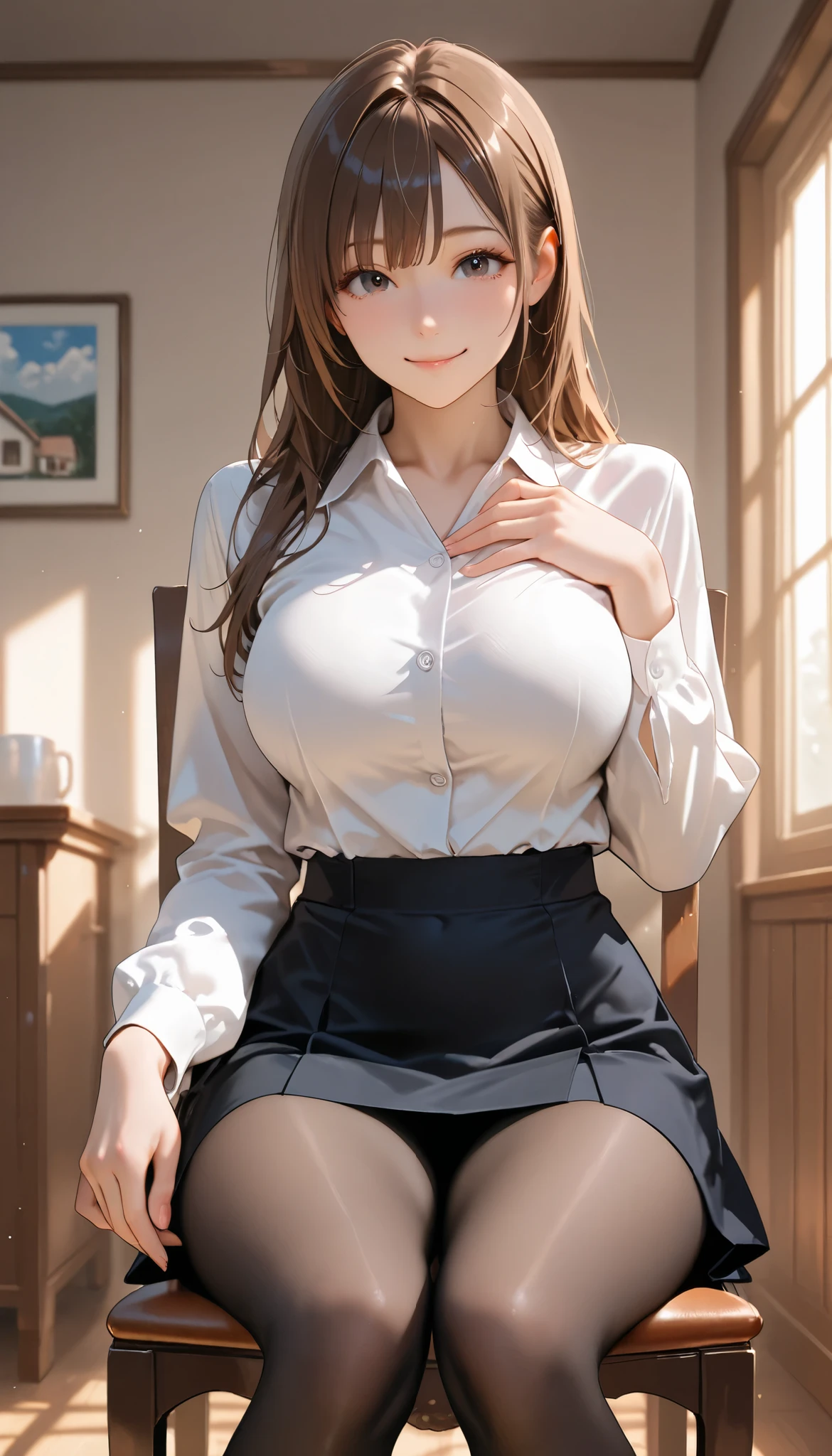 (sfw:1.5), (semrealistic), (masterpiece, Best Quality, High resolution, detail hands, detail fingers, detail face, detail leg), (1girl, solo, detail girl, 20 years old girl), (brown hair, long hair, black eyes, large breasts), (dress shirt, tight fitting black mini-skirt, pantyhose), (inroom, private room, house, sitting on chair), (smile),