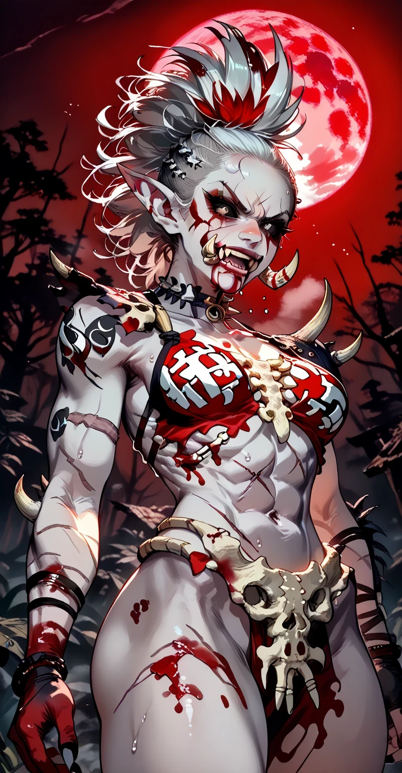 Trolls
large pointed ears, large nose, fangs (big Power fangs coming out mouth, troll tusks:1.3)
tusks, sexy beautiful female troll, toned body,, curvy, thick thighs, narrow waist, wide hips, hips bonés, collarbones, dark purple skin, white hair, (big high mohawk hairstyle:1.2), tribal tattos, sexy, ((covered in blood:1.4)) (pale white skin skin:1.4) big tusks, raised eyebrow, fierce, powerful, menancing, grim, ((fully black eyes, black sclera:1.1), dark, evil, macabre, , detailed face, dynamic posing, from below, battle ready, ((in a dark swamp)) covered in blood, full of scars, scars over eye, red_tribal tattoos, shredded abs, revealing armor, sexy, (from below, focus on face, portrait, close shot:1.2) ((soft light, hard highlight, red moon, backlight)) ((wearing bones:1.5)) ((pinhead) ((evil)) ((red warpaint)) (convered in blood:1.2) ((blood in hands and face:1.3) (naked:1.4) (thick thighs:1.4) sweaty, sweat, wet, bloody, evil grim, laugh, angry, mad, maníaco, ((gesugao)) (from below). Jewelry, bones, bone colar, fangs collar, bone armwrists, bone armor, deathknight, skulls and bones, tribal, ancient, savage, primitive , scars, Full of scars and open wounds, covered in blood , wearing a armor made of pure bones. ((transluminescent glowing Skelton))