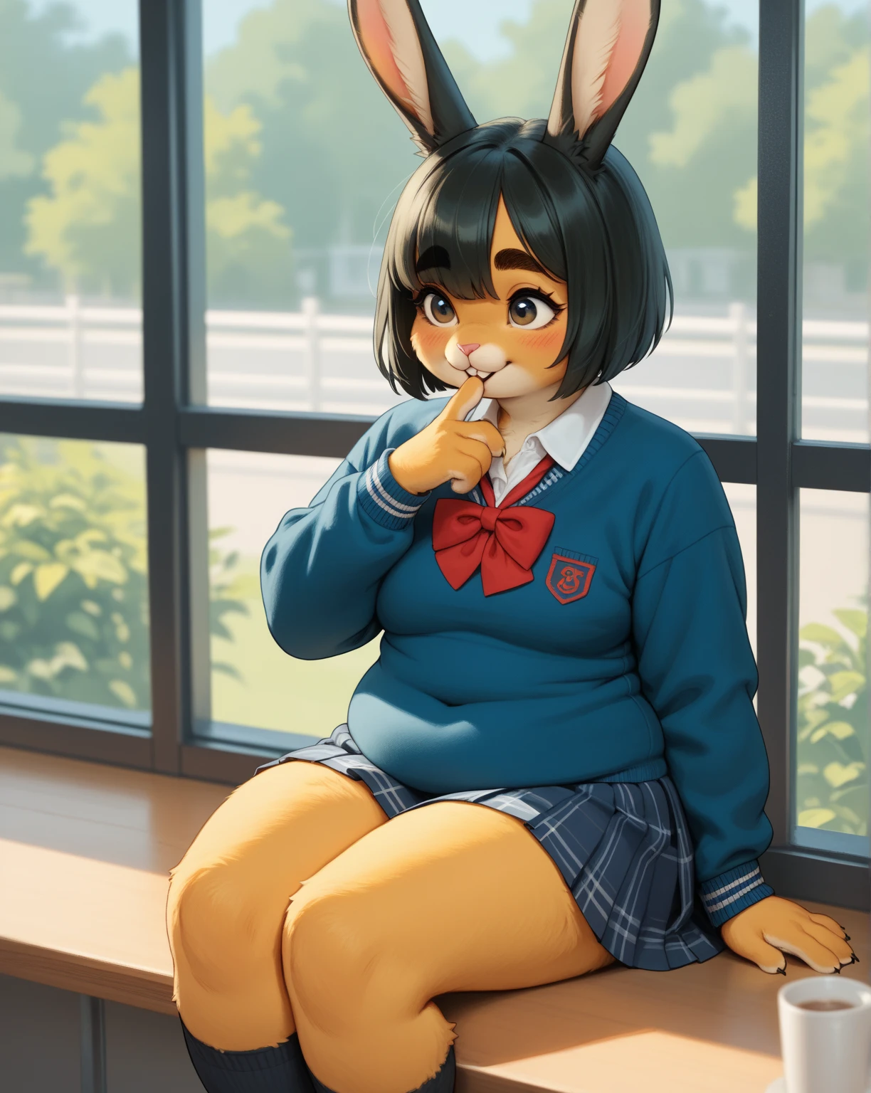 from above , front view , focus face , hairy bunny Short stature girl , (realistic hairy bunny fur:1.2) , round Mumps face , (tilt face:1.2) , half-open eyes , Unsophisticated geek , round eyes , Swollen cheeks , shy , glossy lips , eyewear , in the school , school sailor , skirt , Sit on the school stairs , lunch alone , Eating bread while looking down , grab bread