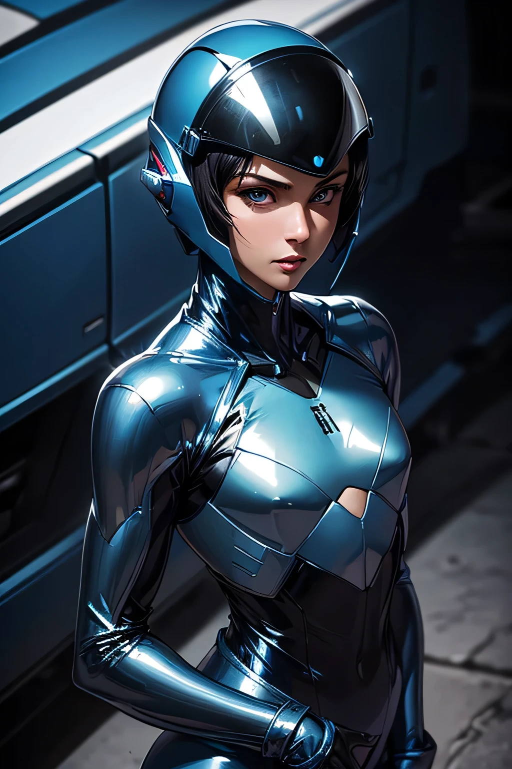 ((Best quality)), ((masterpiece)), (detailed: 1.4), (Absurd), War-ready female fighter pilot with military helmet, full body, marine, dark skin, defined muscular sculptural body, whole body, bare half-thick thighs, closed mouth, muscular body covered in technological clothing, neon evangelion, semi nude, generous neckline, ((perfect medium breasts)), (super light blue eyes without pupils), ((military camouflage clothing)), (((short black)))), long eyelashes heavy makeup, garter belt, by mucha, niji --V5, close to real, psychopathic, crazy face, sexy pose, background with a giant neon style Robot head Genesis evangelion, 2 piece clothing, shoulder pads with airplane wings, pastel, centered, scale to fit the dimensions, HDR (High Dynamic Range),Ray Tracing, NVIDIA RTX,Super-Resolution,Unreal 5,Subsurface Dispersion, PBR Texture, Post-processing, Anisotropic filtering, Depth of field, Maximum clarity and sharpness, Multilayer textures, Albedo and specular maps, Surface shading, Accurate simulation of light-material interaction, Perfect proportions, Octane Render, Two-tone lighting, Wide aperture, Low ISO, White balance, Rule of thirds, 8K RAW, crysisnanosuit