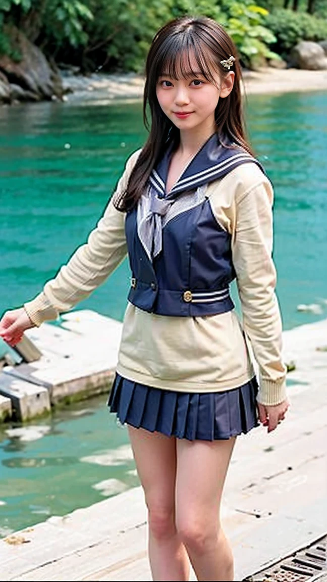 ((highest quality、8k、masterpiece:1.3)),((((fullbody shot)))),Ultra-high resolution,big eyes,Japanese,forehead,bangs,(a girl),(1 girl),((16 years old)),((cute)),pretty,((facing at viewer)),(long hair),(((black sailor uniform))),(grin),((standing)),((black loafers)),(pleated mini skirt),(((white panties))),((skirt lift))