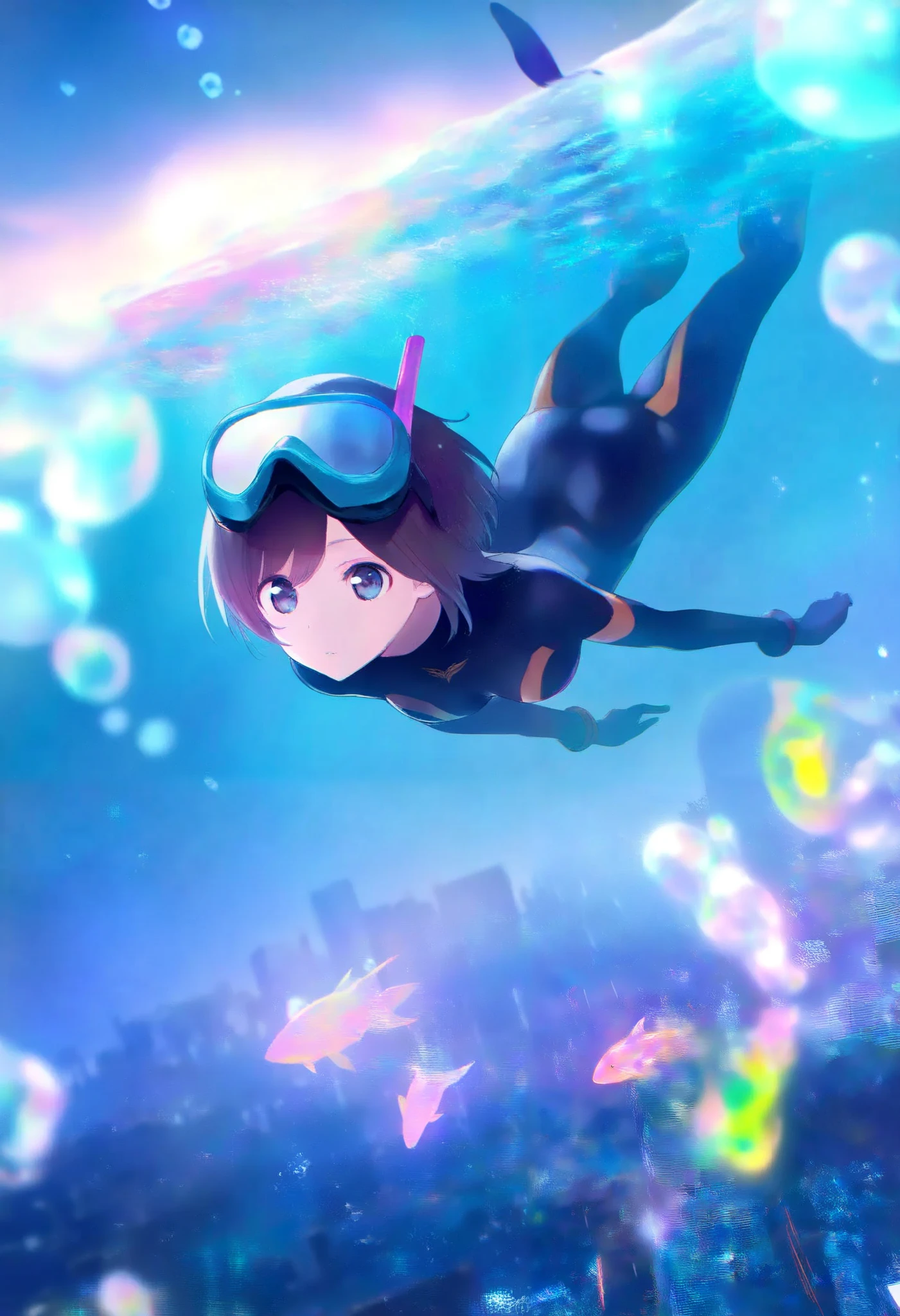 initialize,
very detailed, high quality, 8k octane, super detailed,
Female Diver, Alone, Underwater swimming, Diver Equipment, holographic bubbles rising from the snorkel,
水没したCity Background, bustling with sea creatures, City Background, Bustling downtown, The luminescence of neon colors a clear city, detailed and complex charm, the sky falling rain is drawn at the same time, the brilliance of a magical city submerged by heavy rain,
cryptical fantasy, It's raining in the water,
Intricate and Detailed Rain, ,Ultra High Definition,