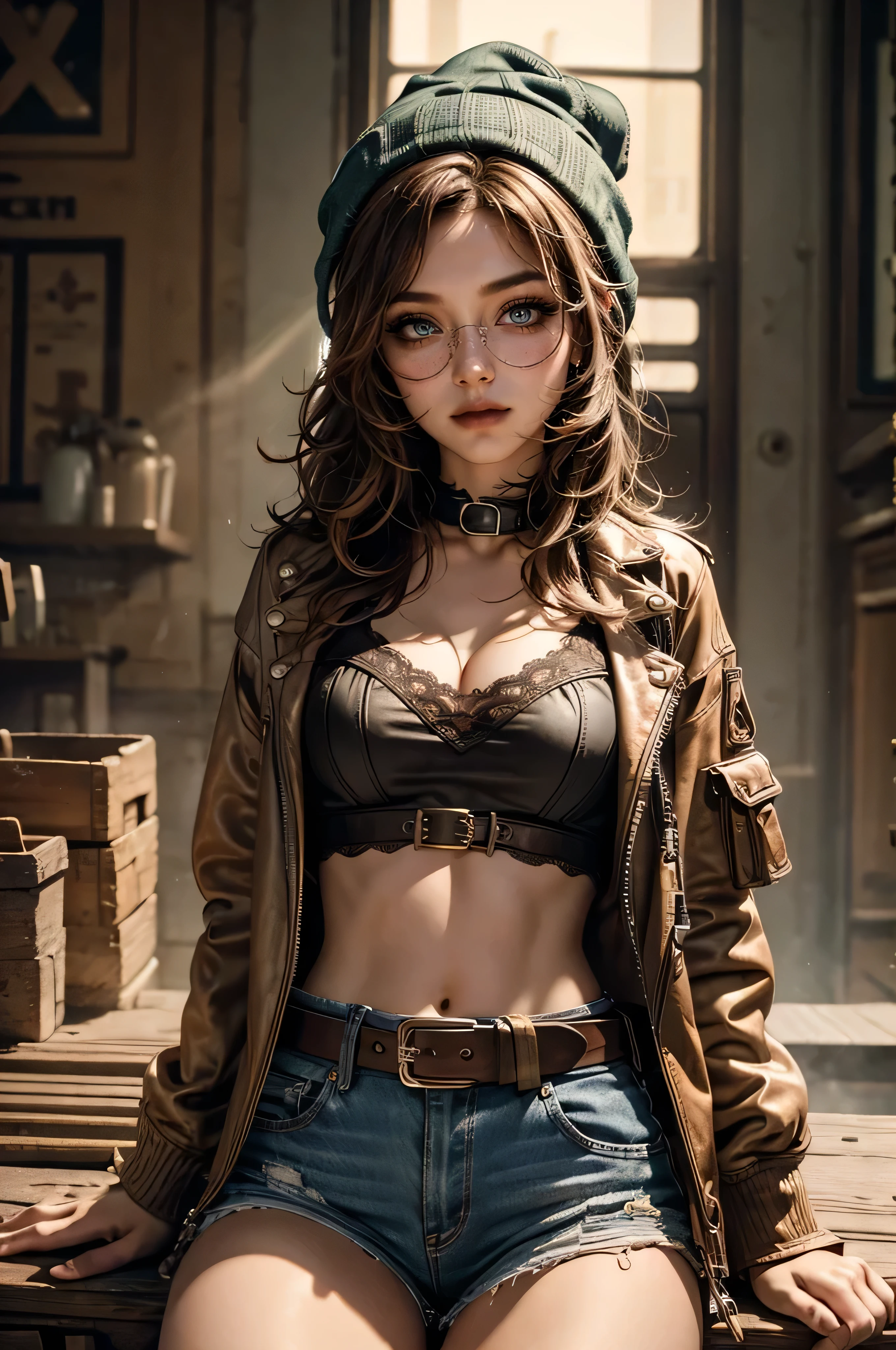 cowboy shot, lora_Emma, jinx, cute girl with short curly brown hair, green eyes, (beanie), circle-glasses, white silk top, ripped jeans shorts, open brown leather jacket, brown belt, lace collar, cleavage, makeup, beautiful detailed eyes, beautiful detailed lips, extremely detailed face and eyes, long eyelashes, intricate details, photorealistic, 8k, ultra-detailed, best quality, masterpiece, vivid colors, studio lighting, physically-based rendering, portrait