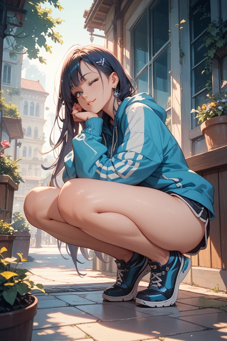 masterpiece,best quality,ultra-detailed,8k,high resolution,Back Alley Girl、(Super Detail)、(8k)、((Modern Hip Hop))、(Graffiti wall)、(Esbian all over)、(Highly detailed face)、(Detailed feet)、(Detailed hands)、(Cold Face)、(Sitting with knees raised)、(Place your hands on your knees),Crouching,cap,Dirty