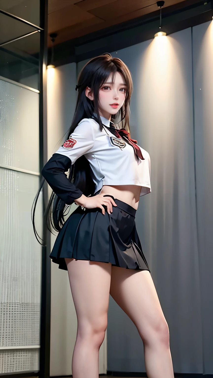 Photorealistic,  High resolution,  Soft light, 1womanl,  Solo,  hips up high,  Dynamic Pose,  glistning skin,  Jewelry,  School uniform, Skirt, Shirt