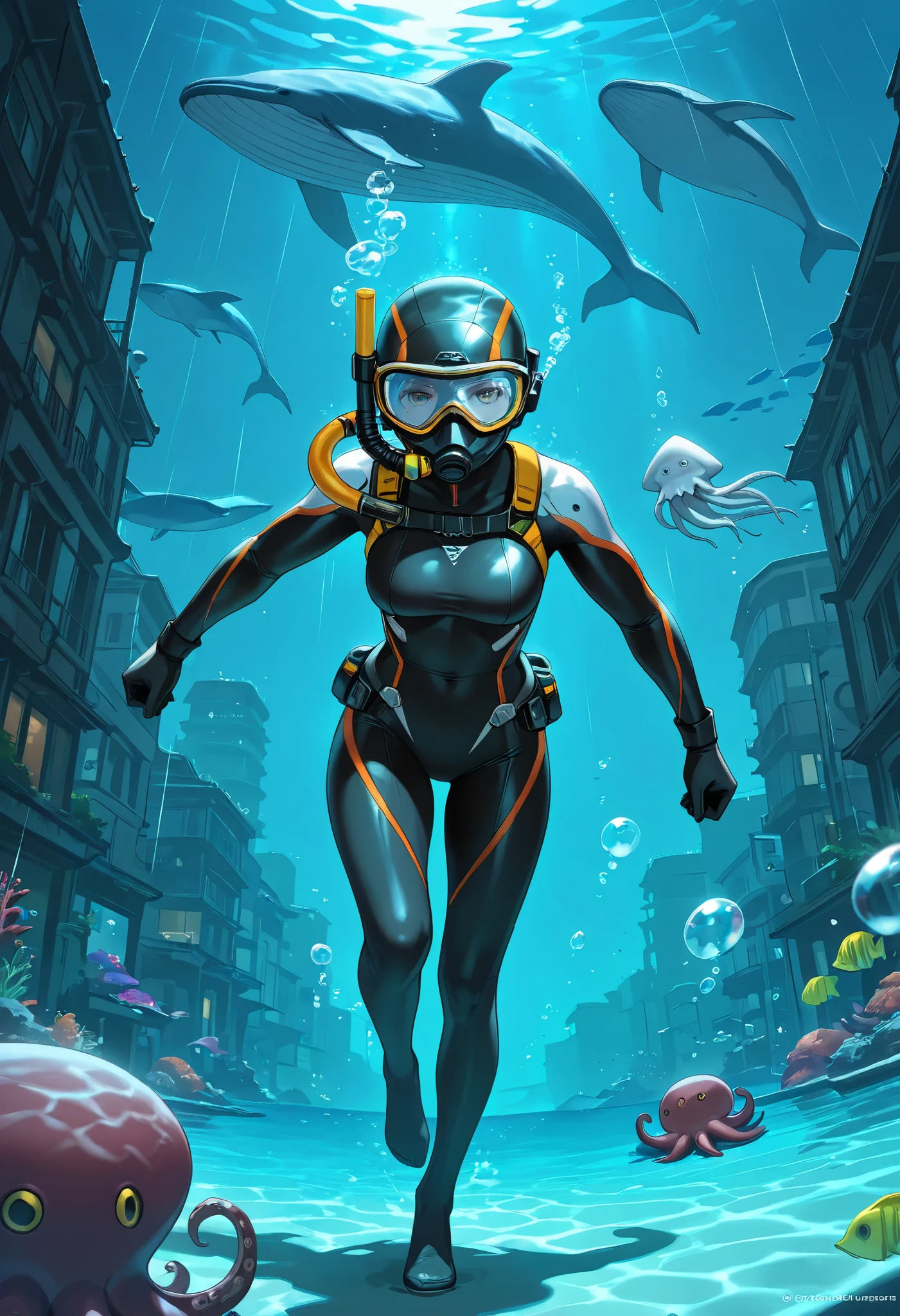 very detailed, high quality,  8k octane,  super detailed, JPEG compression distortion, 
Female Diver, Alone, Underwater swimming, Diver Equipment, holographic bubbles rising from the snorkel, 
Submerged City Background, Crowded with Sea Creatures, \Octopus, fish, whale, squid, ...etc\, 
Brilliance of a Magical City Submerged by Heavy Rain, cryptical fantasy, It's raining in the water, A worldview that is too absurd, 
Intricate and Detailed Rain, ,Ultra High Definition, 
