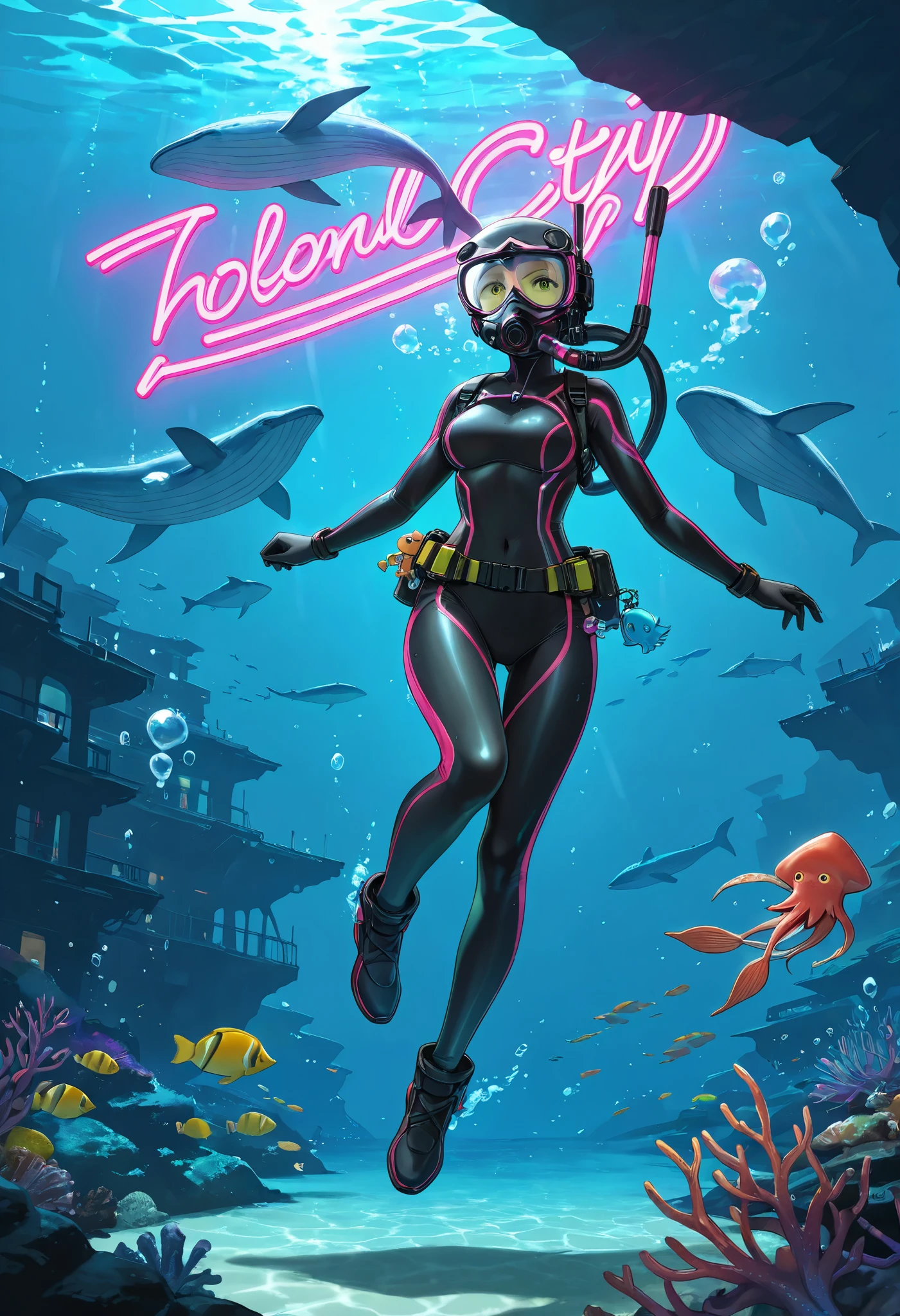 very detailed, high quality,  8k octane,  super detailed, JPEG compression distortion, 
Female Diver, Alone, Underwater swimming, Diver Equipment, holographic bubbles rising from the snorkel, 
Submerged City Background, Crowded with Sea Creatures, \Octopus, fish, whale, squid, ...etc\, 
Brilliance of a Magical City Submerged by Heavy Rain, cryptical fantasy, It's raining in the water, A worldview that is too absurd, 
Intricate and Detailed Rain, ,Ultra High Definition, 