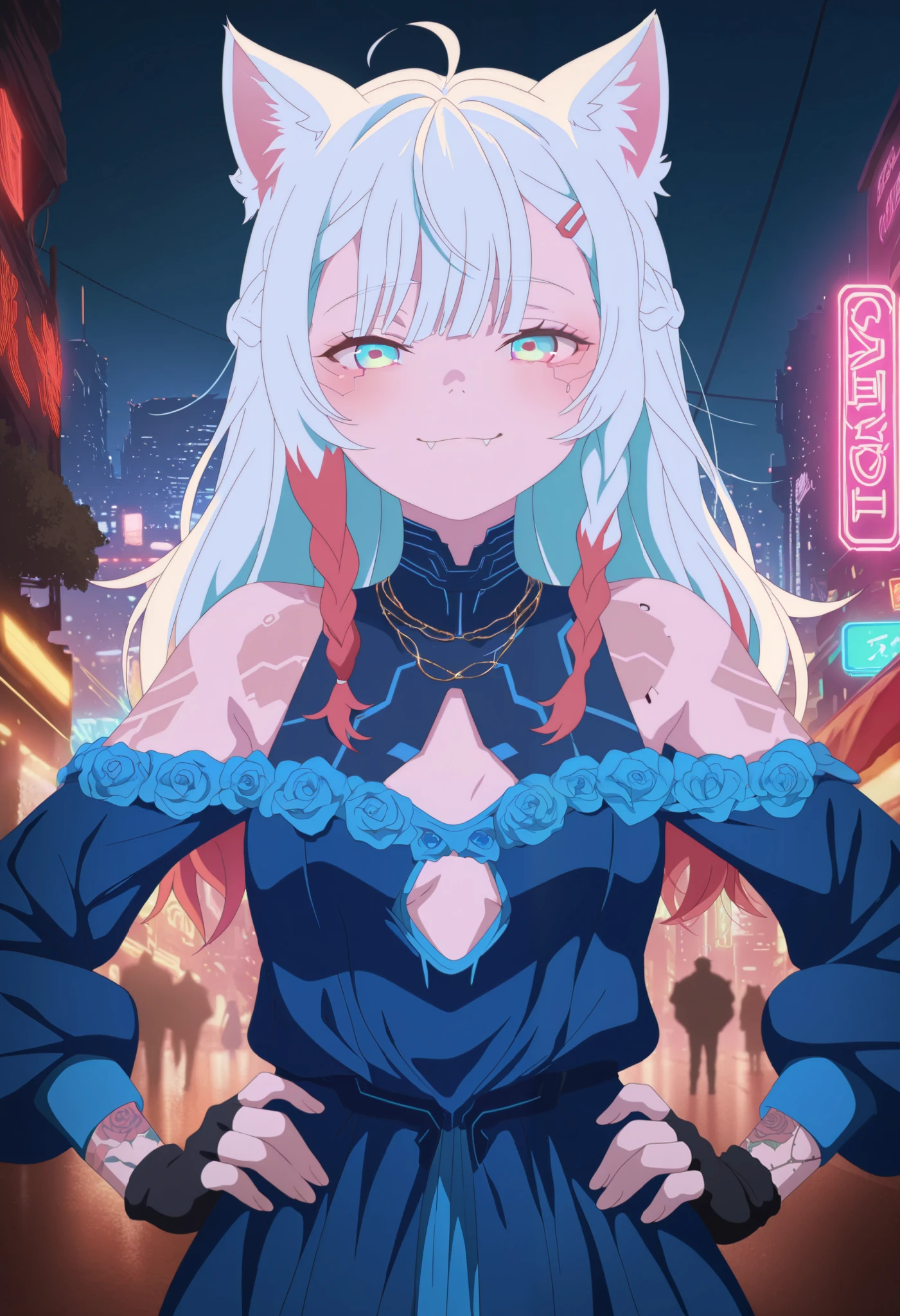masterpiece, best quality, amazing quality, very aesthetic, absurdres, 1girl, slender body,small breasts, blush, face focus, smile, flower, animal ears, cat ears, closed mouth, fangs, arm tattoo, rose printed, white hair, outdoors, long hair, under cut, hair ornament, solo,blue dress, long sleeves, bare shoulders, cutout, rolled up, multicolored hair, green-yellow-red tips hair, rubber necklace, light blue eyes, upper body, jewelry, looking at viewer, ahoge, bangs, braids, three-tone hair, hair clip, black gloves, fingerless, standing, hands on hips, soft light, solo focus, night, cyberpunk city, neon light, led, rgb, dof, cinematic lighting, from front, night, sky, flat color, anime screencap, anime coloring