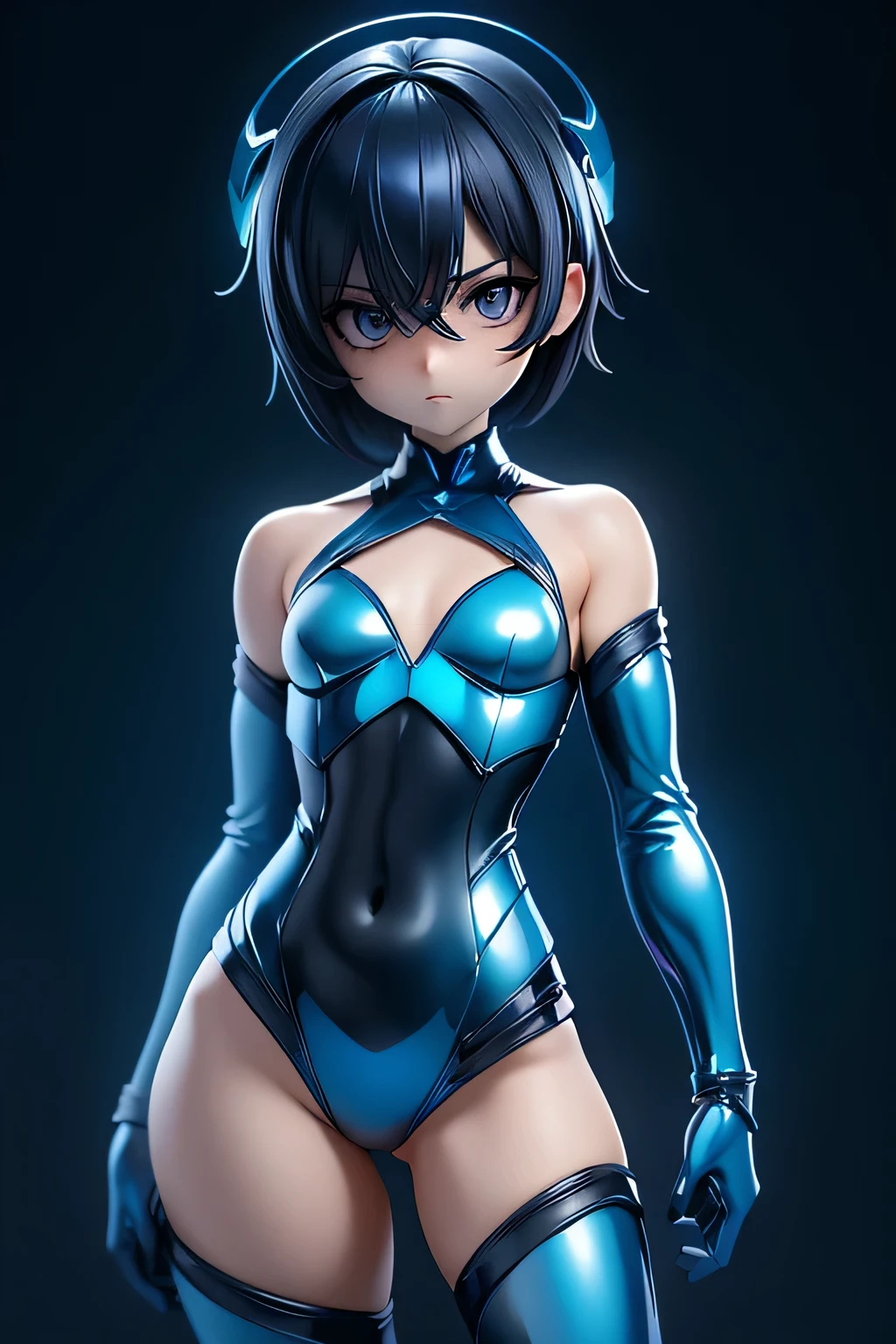 ((Magi Blue, Solo Woman, Woman in blue latex bodysuit,Bare skin is covered.、No exposure)), Black lined costume, blue cape, Black tights thighs, Glitter Costume, Batwing design of dark blue helmet, Black upper arm, Blue Latex Long Gloves and Boots, Blue skirt, Short hair, Straight hair, Black hair, Dark eyes, Smirk, Hands on hips, Black fog on background