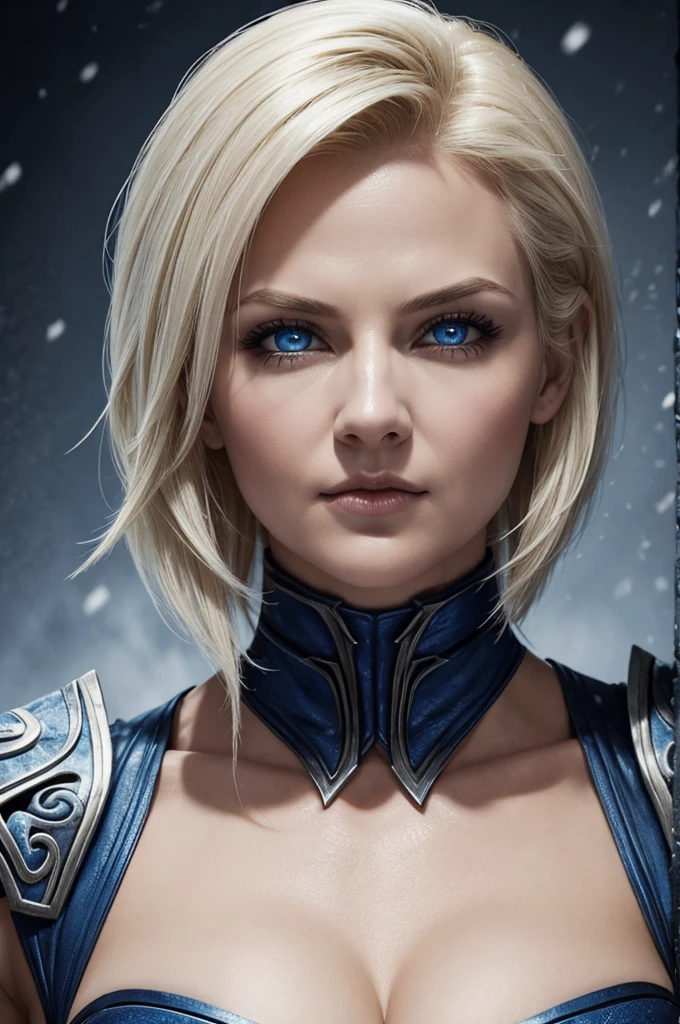 woman, mother supper villain, frost mortal kombat, curvys, blonde, telepath, blue eyesboll,brave, detailed face, mini cropped cleavage, emma frost, number 18, fighter position, background in snow