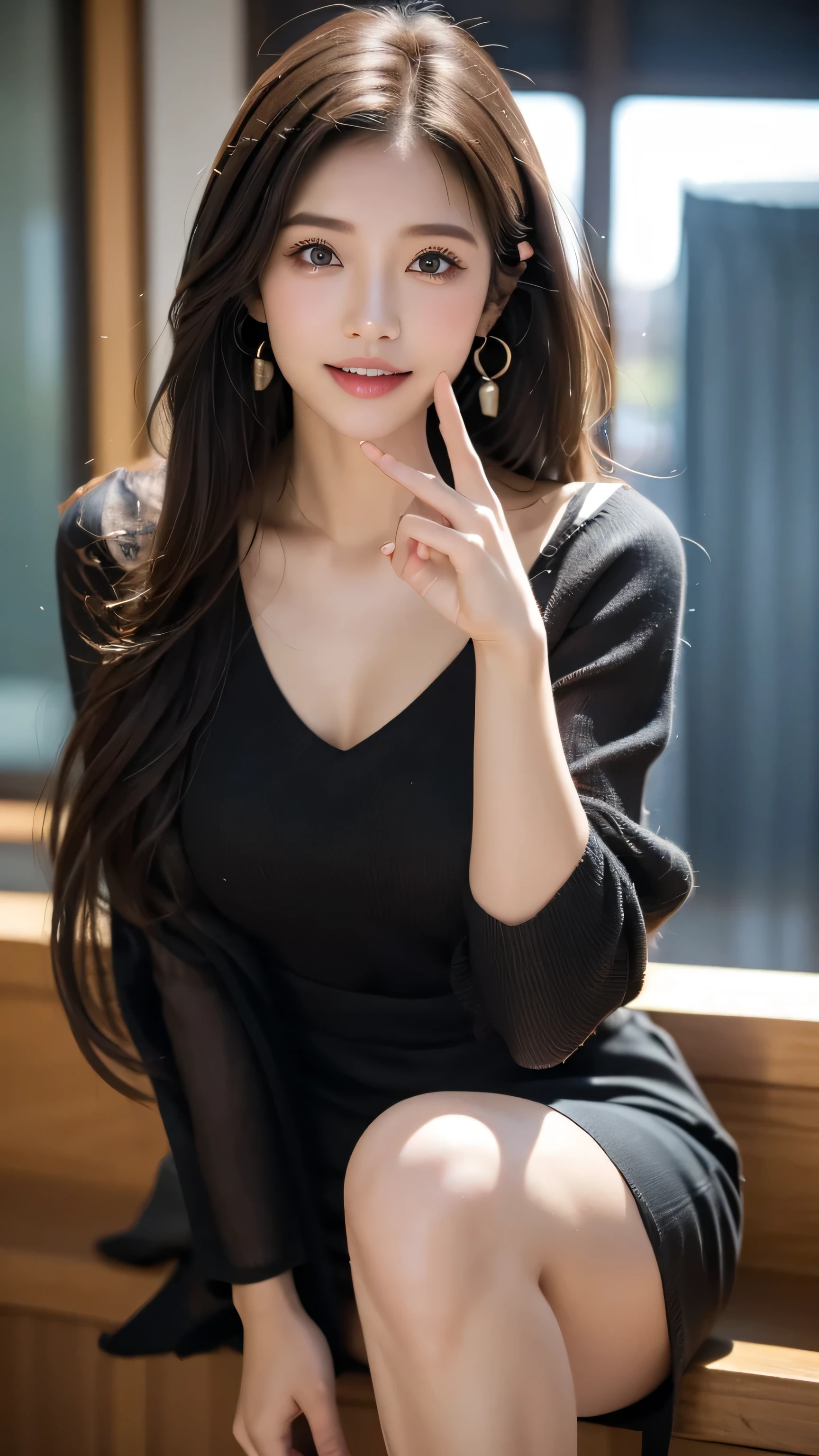 TOP QUALITY,8k, very detailed, in fine detail, high resolution, 8K wallpaper, perfect dynamic configuration, meticulous eye exposed to lighting, beautiful eyes、looking at the camera、 perfect dynamic configuration, Big beautiful eyes, beautiful face,Fine hair, realistic skin texture in every detail , Model body type、slender bodyー、A tight, slim waist、whole body, Well-balanced beautiful face , beautiful face, Realistic and beautiful skin Ultra high resolution, high quality ,slender bodyー、slender body、 thin body、looking at the camera、 super real、very detailedな顔、White teeth、White teeth、 thin body、whole body image、small bust、Small Mouth、whole body image、slender body、 small hips、Beautiful white teeth 、Beautiful white teeth 、earrings、 beautiful brown hair 、Disheveled Hair、 sparkling eyes、 beautiful fingers for cows、 super real、 photography、REAL SKIN TEETH 、Beautiful Japanese woman with dark eyes 、REALISTIC PHOTO、 kind expression、black mini dress 、mako tamura、mako tamura、mako tamura、mako tamuraアナウンサー、mako tamuraアナウンサー、mako tamuraアナウンサー