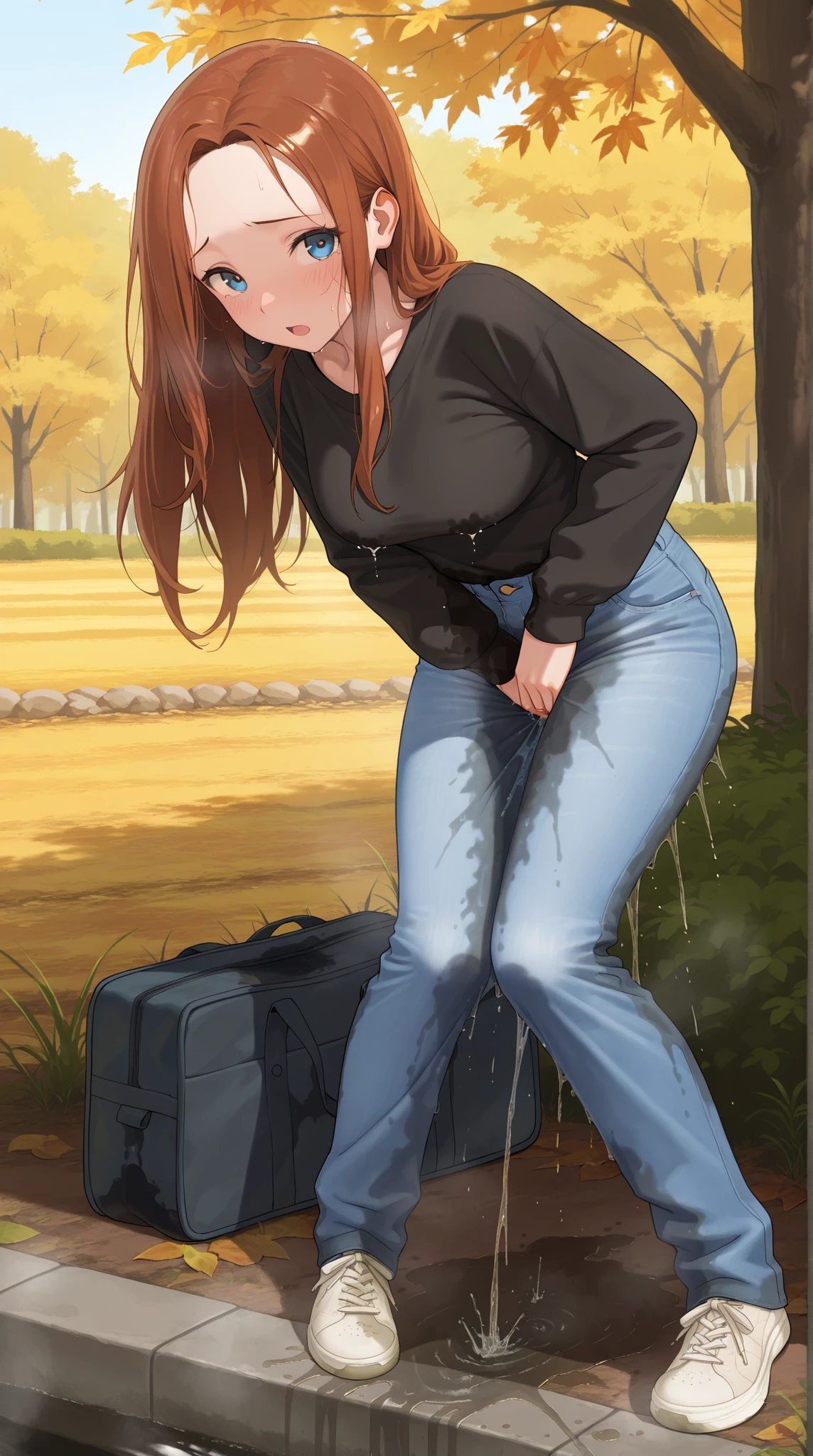 masterpiece, best quality, amazing quality, 1girl, youthful female, scandinavian, lovely long hair, forehead, beautiful eyes, (wetting herself:1.5), desperation, flowing piss, stream down to her ankles, large wet crotch pee stain, pee stain visible on her jeans, Large wet thigh, knee and shin pee stain, blue denim bootcut pants, casual outfit, footwear, medium breast, Lactation, looking at viewer, :O, outdoor setting, full body, absurdres