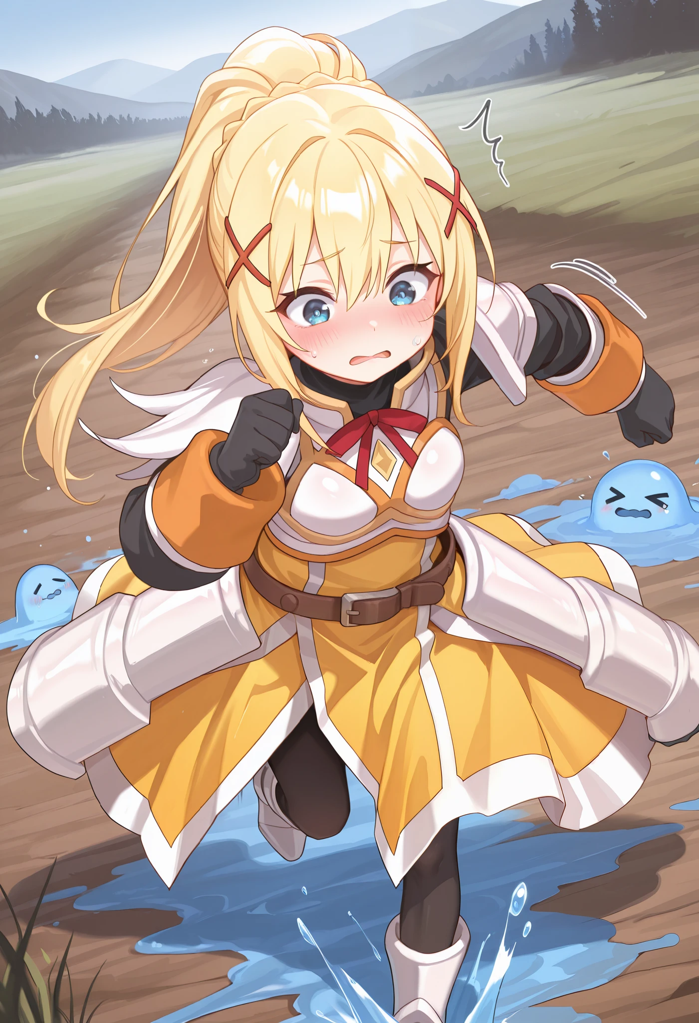 masterpiece, best quality, highres, 1girl, solo, li, blonde hair, long hair, ponytail, Darkness-Liver020, outfit 1, outfit1, white armor, yellow dress, armor, red ribbon, x hair ornament, brown metal belt, black glove, Darkness-Liver020, blue eyes, running, tired, exited, blushing, looking at you, shaking, medieval field, splash,(blue slime substance on body), Oversized Clothes, oversized armor, oversized dress, oversized belt, oversized gloves, AgeRegression,