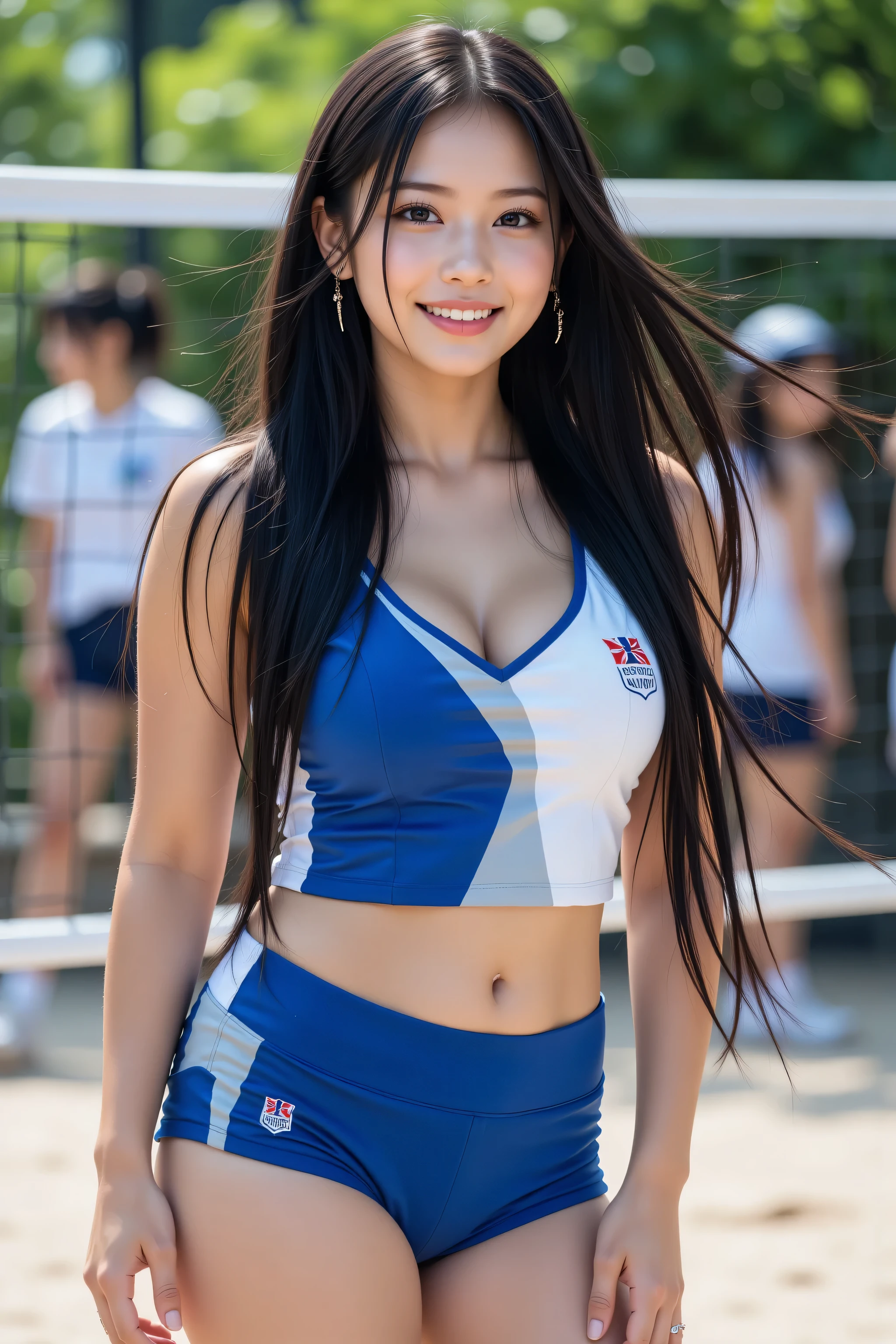 highest quality, 8k, masterpiece, ultra-high definition, clear photo, professional lighting, natural light, realistic, curvy woman, perfect anatomy, single female, idol-class, :1.8, captivating, long black hair, stunning hair, smiling, squinting with laughter:1.4, showing white teeth in smile, volleyball player, wearing lightweight volleyball uniform with fluorescent blue and white highlights, perfect and realistic pantyhose:1.2, glossy pantyhose:1.3, uniform featuring company logo, high heels, full body shot:1.4