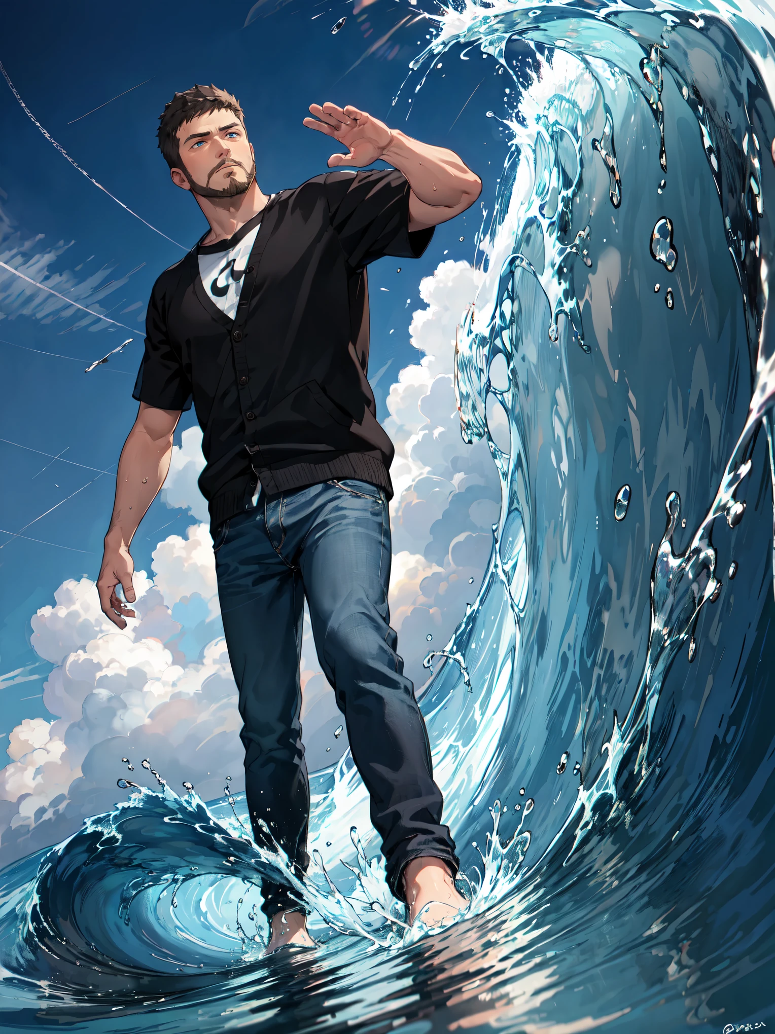 (water particles flying around), hydromancer, slim mature male, water magic, handsome, full beard, short undercut, mystic, modern outfit, masterpiece, eye focus, best quality, anatomically correct, (walk on water: 1.15), water particles flying around, ocean, huge waves behind character, ((storm)), huge waves around character, night, night sky, mystic, dark hair, walking to viewers, 1boy, manly, modern t-shirt, modern cardigan, ((hydromancer)), raising his hand to water, rasing one hand, Detailed hand, Hand, Perfect hand,