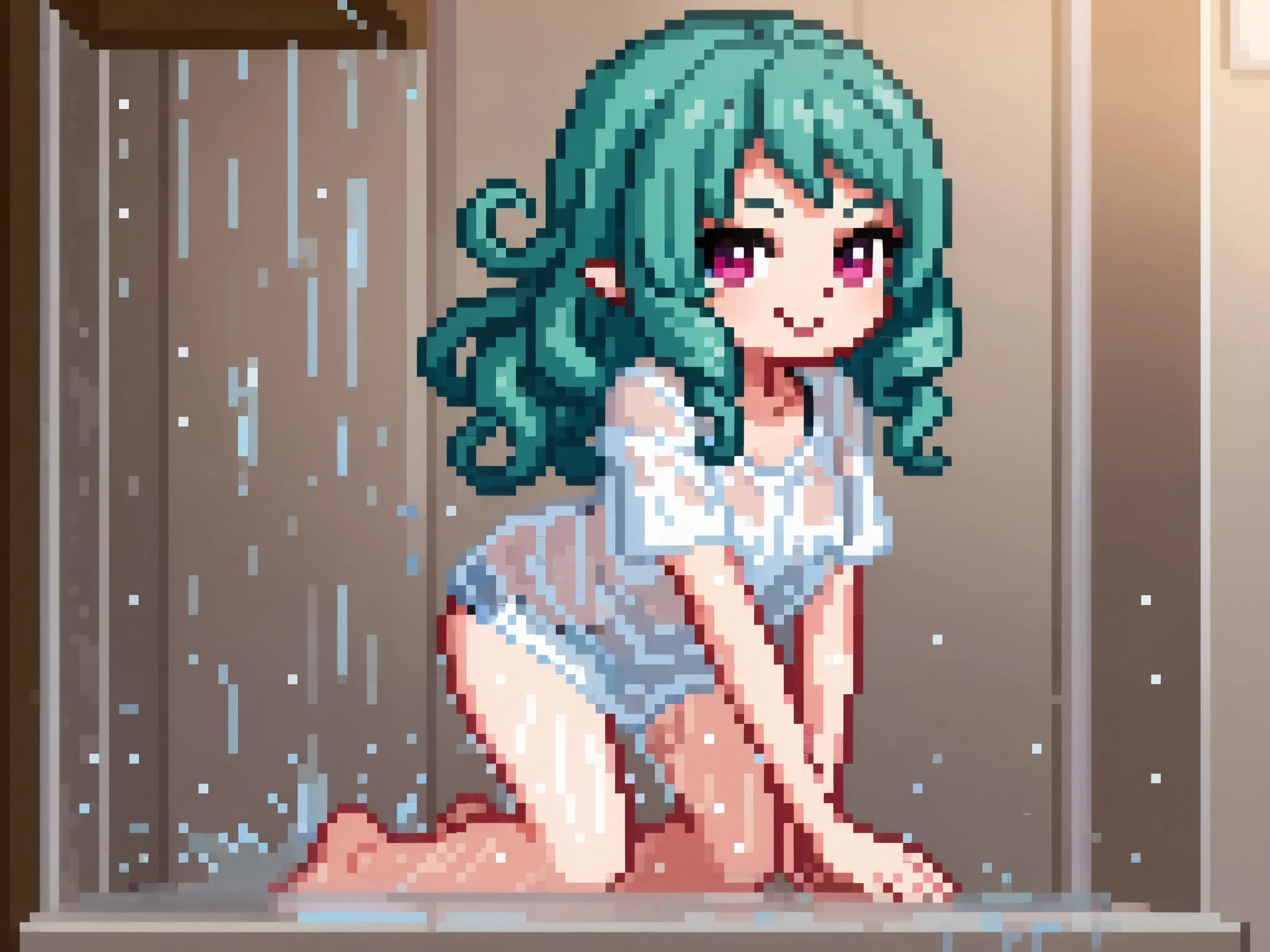 Image of a cheerful woman wearing translucent wet clothes, black and curly hair