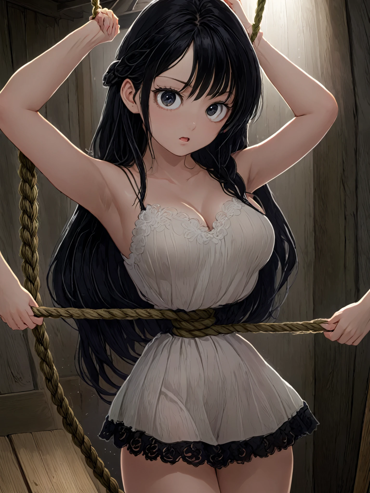 (( anime style))),(( Masterpiece )), (( best quality)), ( super detailed),torture chamber,(((The hemp rope is tightly tightened to her waist))), cute girl, 1 girl,white lace slip dress, beautiful black hair ,( beautiful black eyes ), long hair, expression of pain