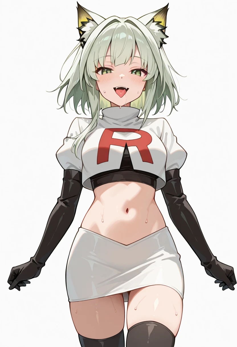 1girl, prushka, short hair, multicolored hair, medium breasts, maid headband, looking at viewer, :\, team rocket,team rocket uniform,white skirt,red letter R,crop top,black thigh-highs,black elbow gloves