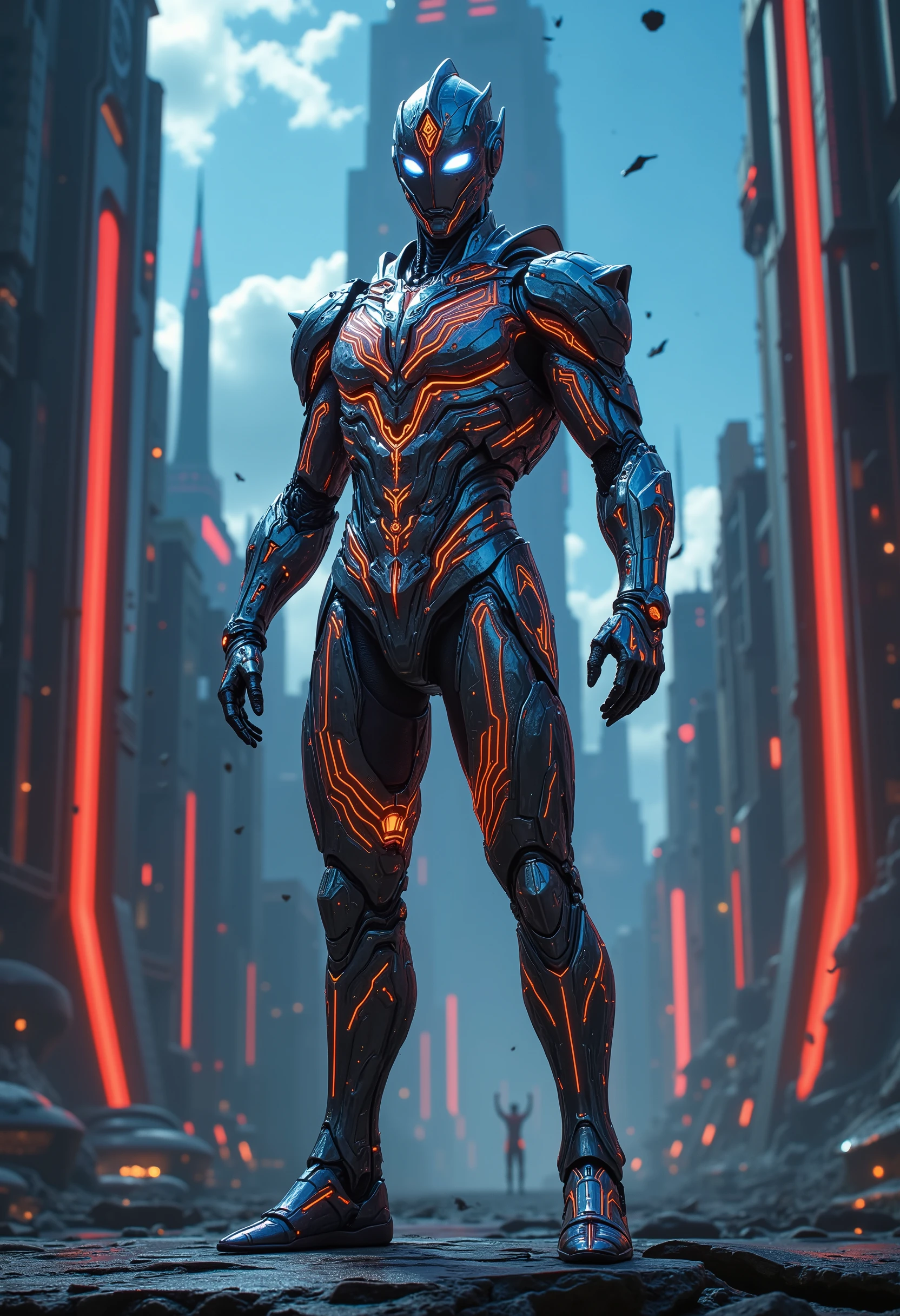 Design a completely original and groundbreaking Ultraman that is unmistakably part of the Ultraman universe but introduces a bold new aesthetic and concept. This Ultraman should retain the iconic humanoid form, glowing eyes, and Color Timer, yet push the boundaries of design with a futuristic, almost otherworldly evolution.

